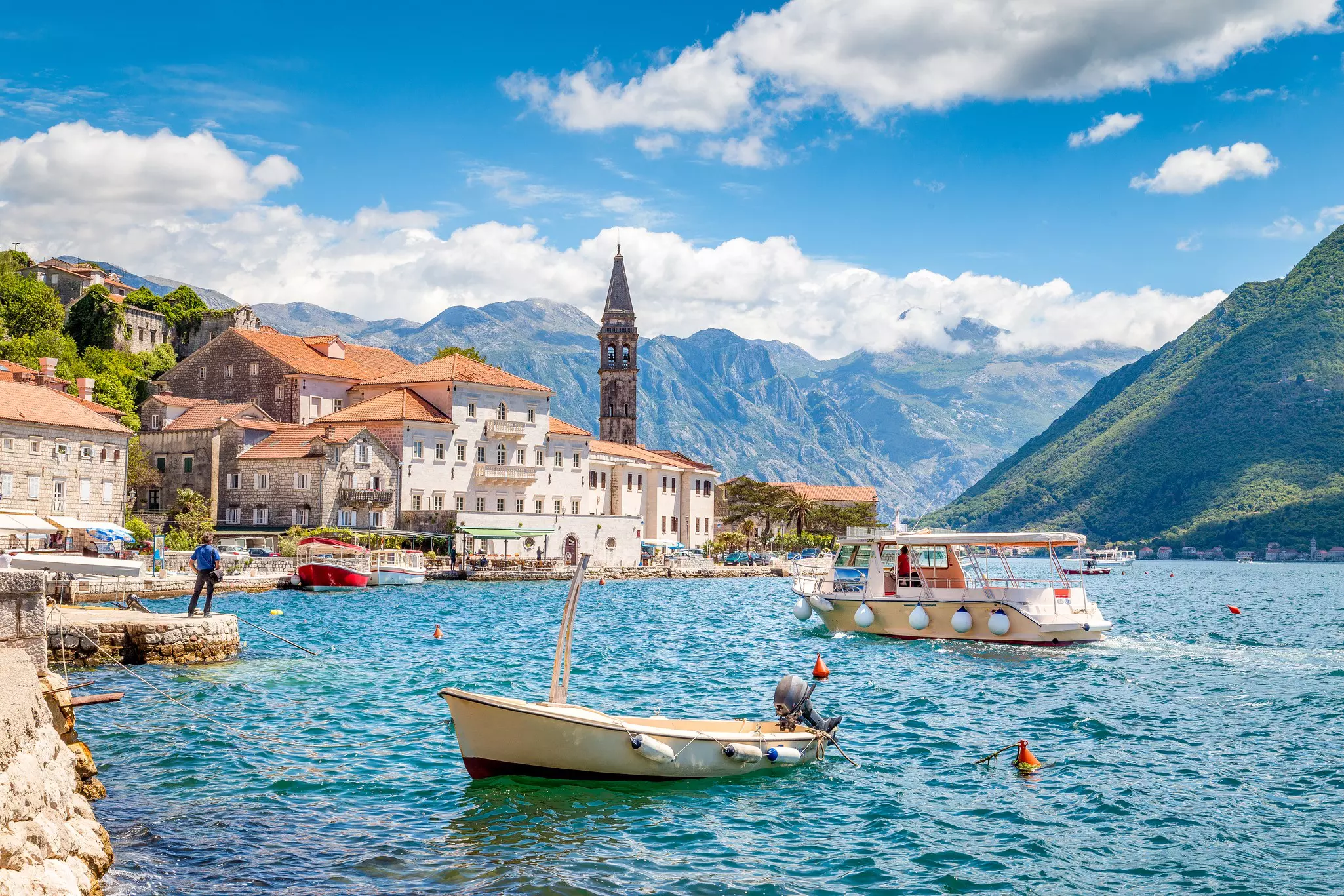 Scenic panorama of the historic town of Perast on the Bay of Kotor, Montenegro.