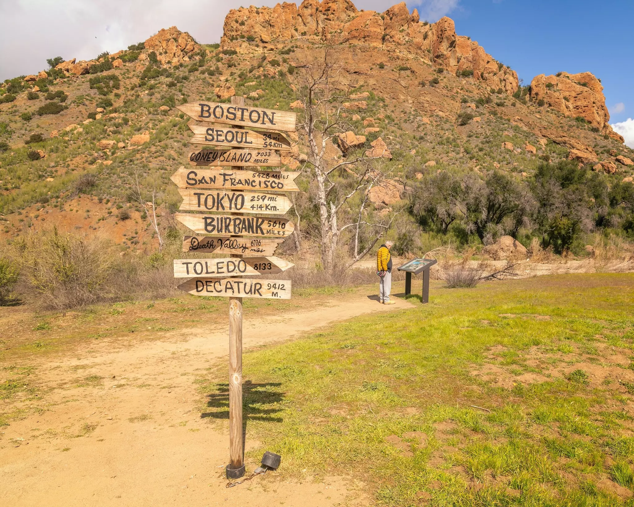 A signpost with arrows that have the names of cities pointing in different directions.