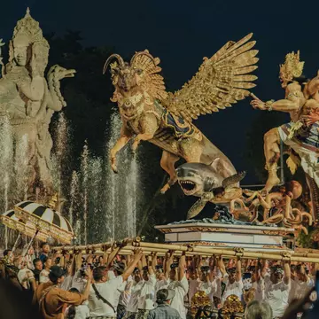 Ogoh-ogoh parade to celebrate Nyepi (Balinese new year) at Kilometer Zero (KM.0) in Bali Island