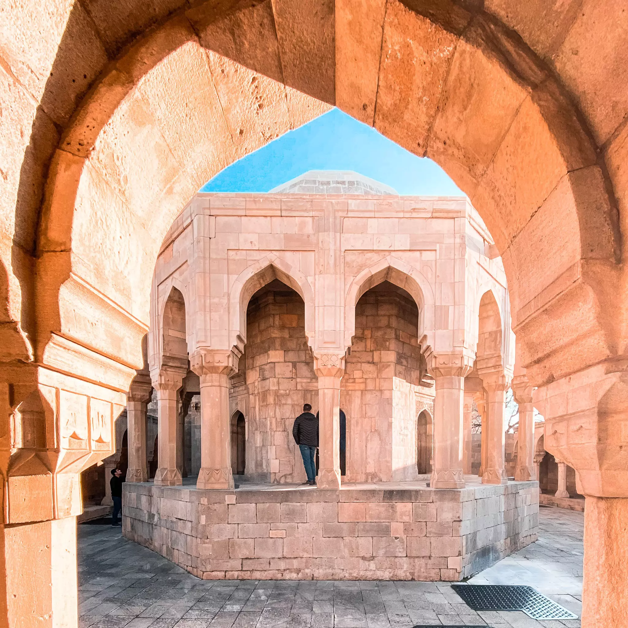 View of a historic mosque and the Shirvanshahs' palace in the Old City of Baku, Azerbaijan.