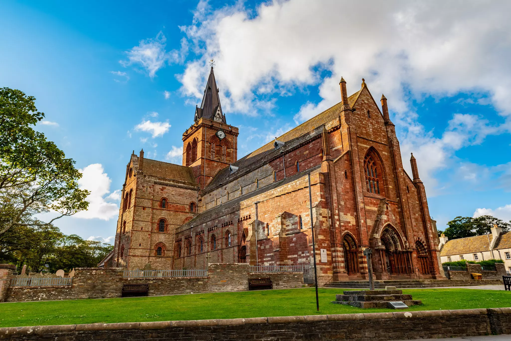 The view to the St Magnus Cathedral, Kirkwall, Orkney Islands, Scotland.