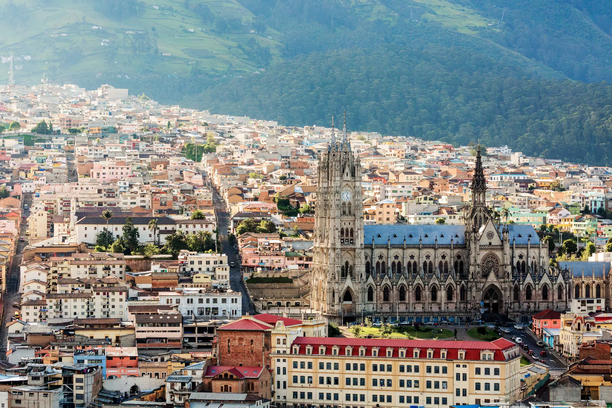 The Basilica of the National Vow surrounded by the Quito Old Town in Ecuador.