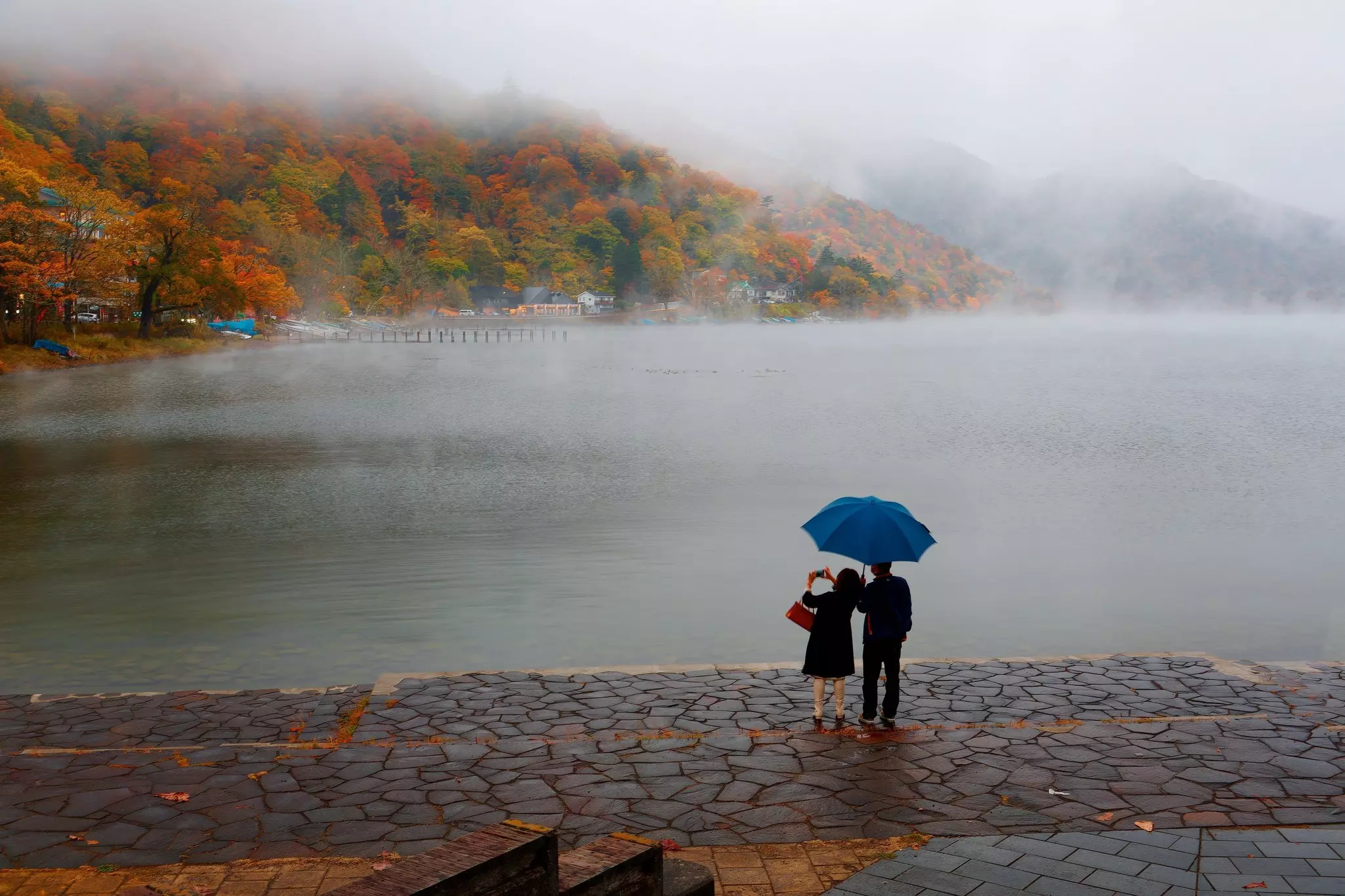 Two people stand under an umbrella on the shore of a lake. Mist covers the lake, and trees with fall foliage can be seen on the opposite shore.