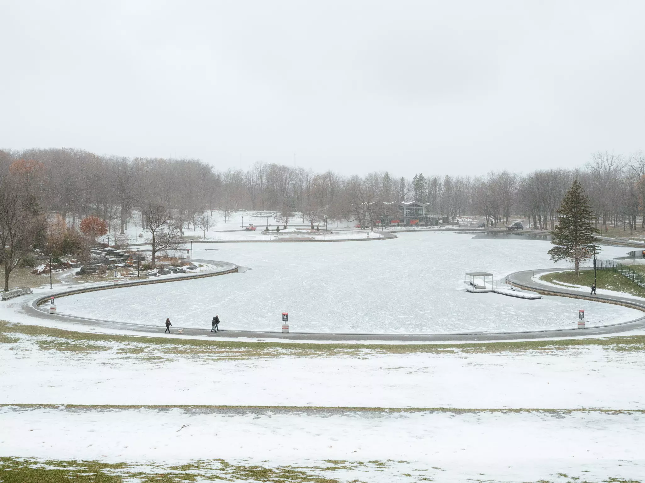 Walking around Beaver lake on Mt-Royal, icy lake with snow and people