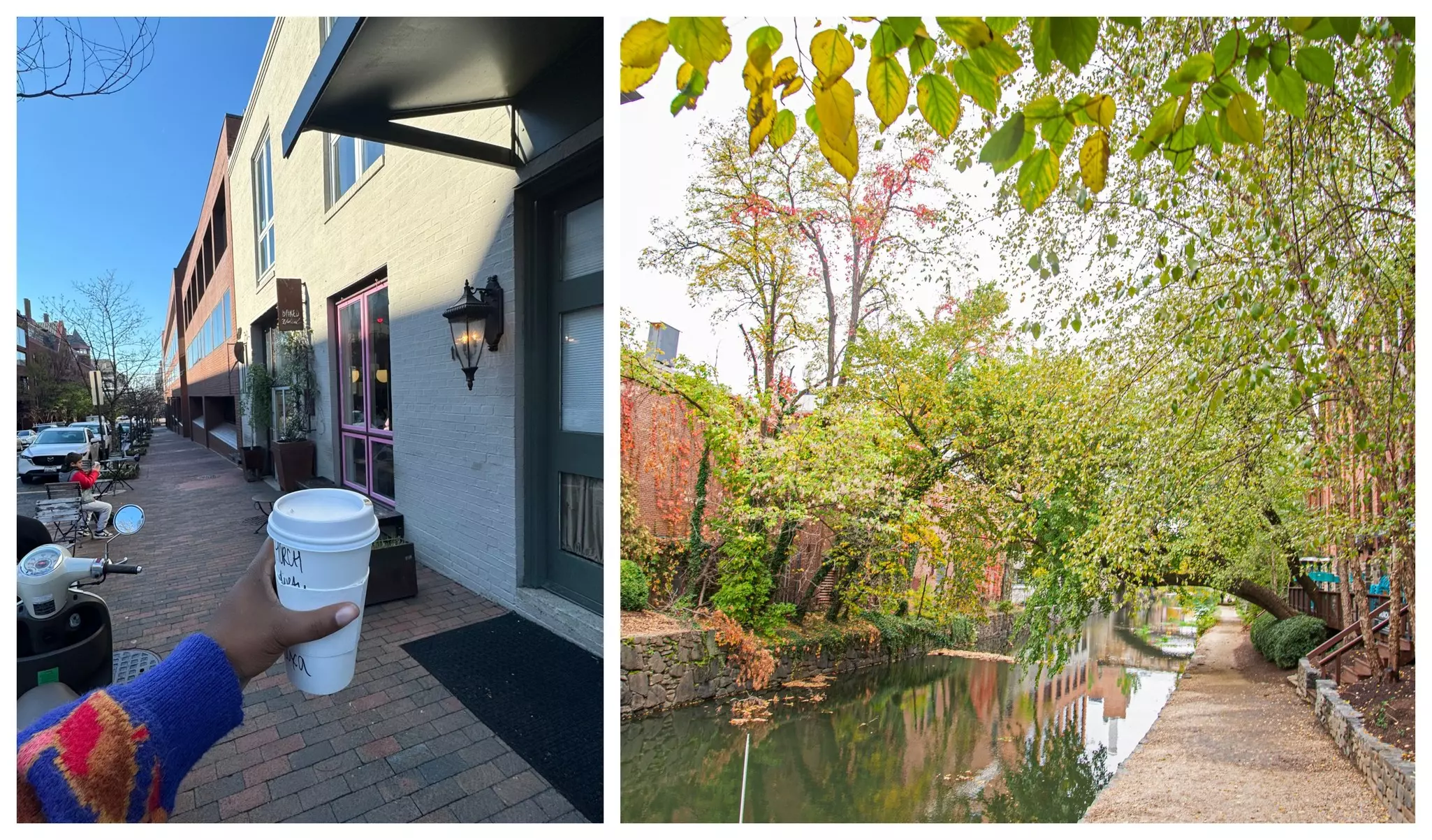 Left: Grab a coffee from Baked and Wired before starting your stroll © Alexa Moore; Right: The brick homes along the C&O Canal are worth a Zillow search © Elisank79 / Getty Images