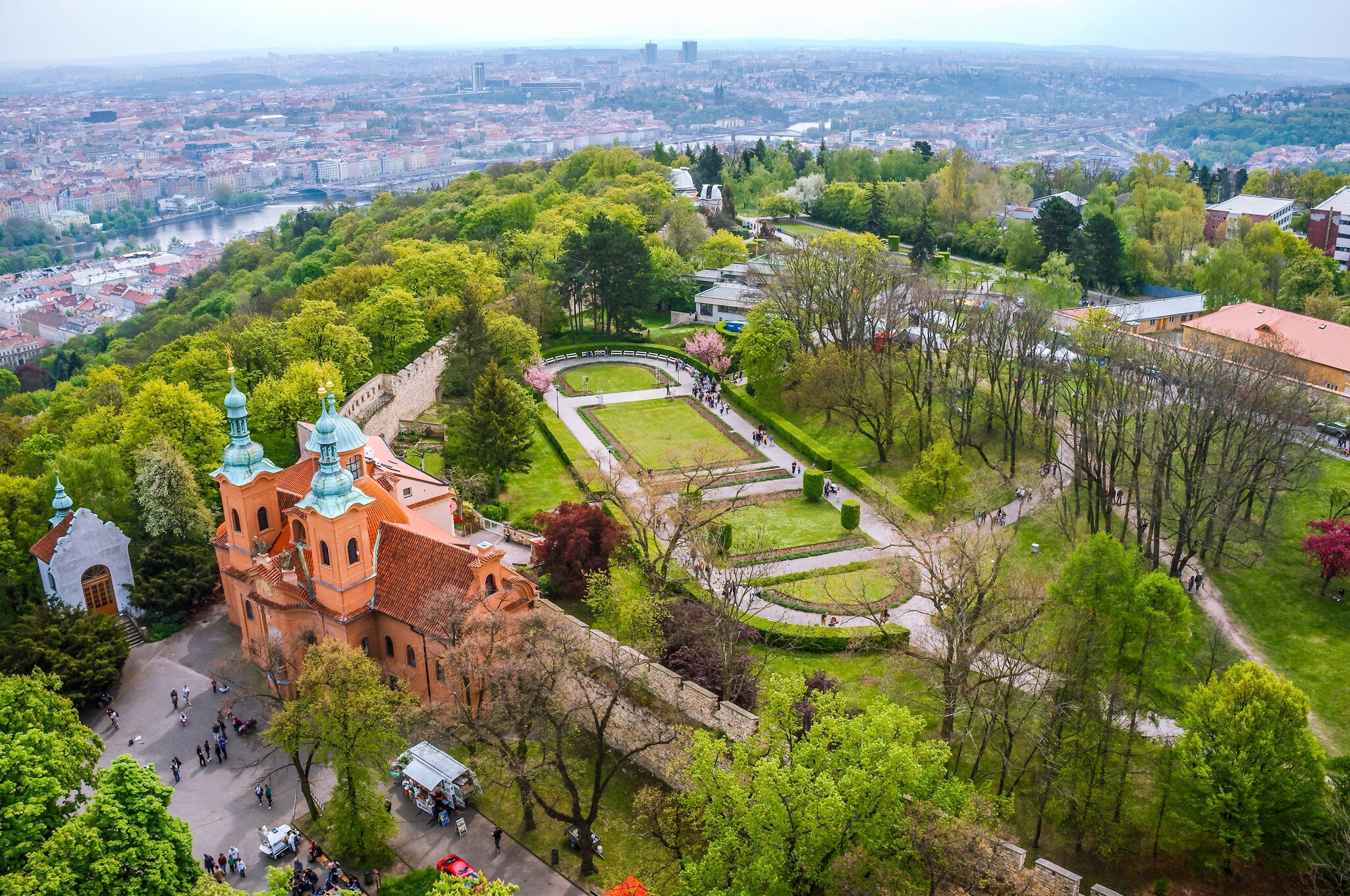 View on Prague from Petrin Hill Lookout Tower in Czech Republic.