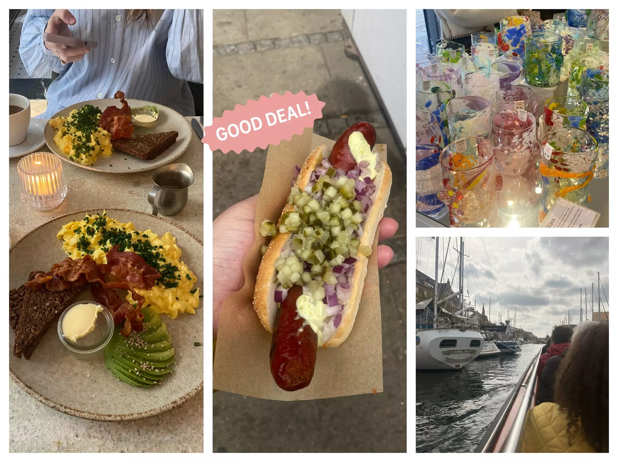Left: breakfast at Coffee Roon. Center: Chamidae's cheap and tasty hot dog. Top right: colorful glassware from Studio Arhoj. Bottom right: The girls on a boat tour © Chamidae Ford 