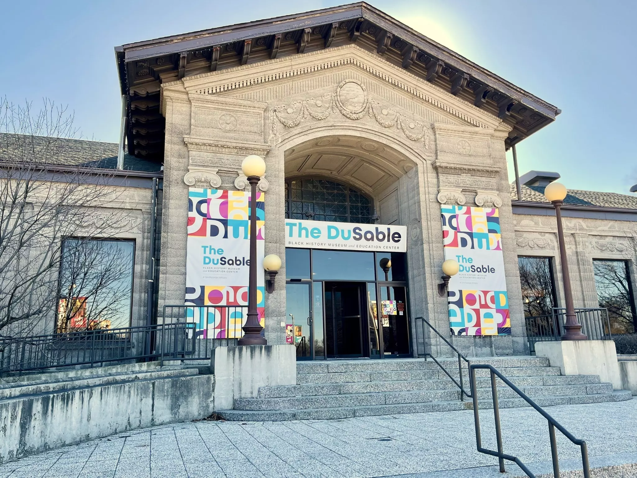 Entrance, DuSable Black History Museum and Education Center on February 19 2024 in Chicago. It studies and conserves African-American history, culture, and art.