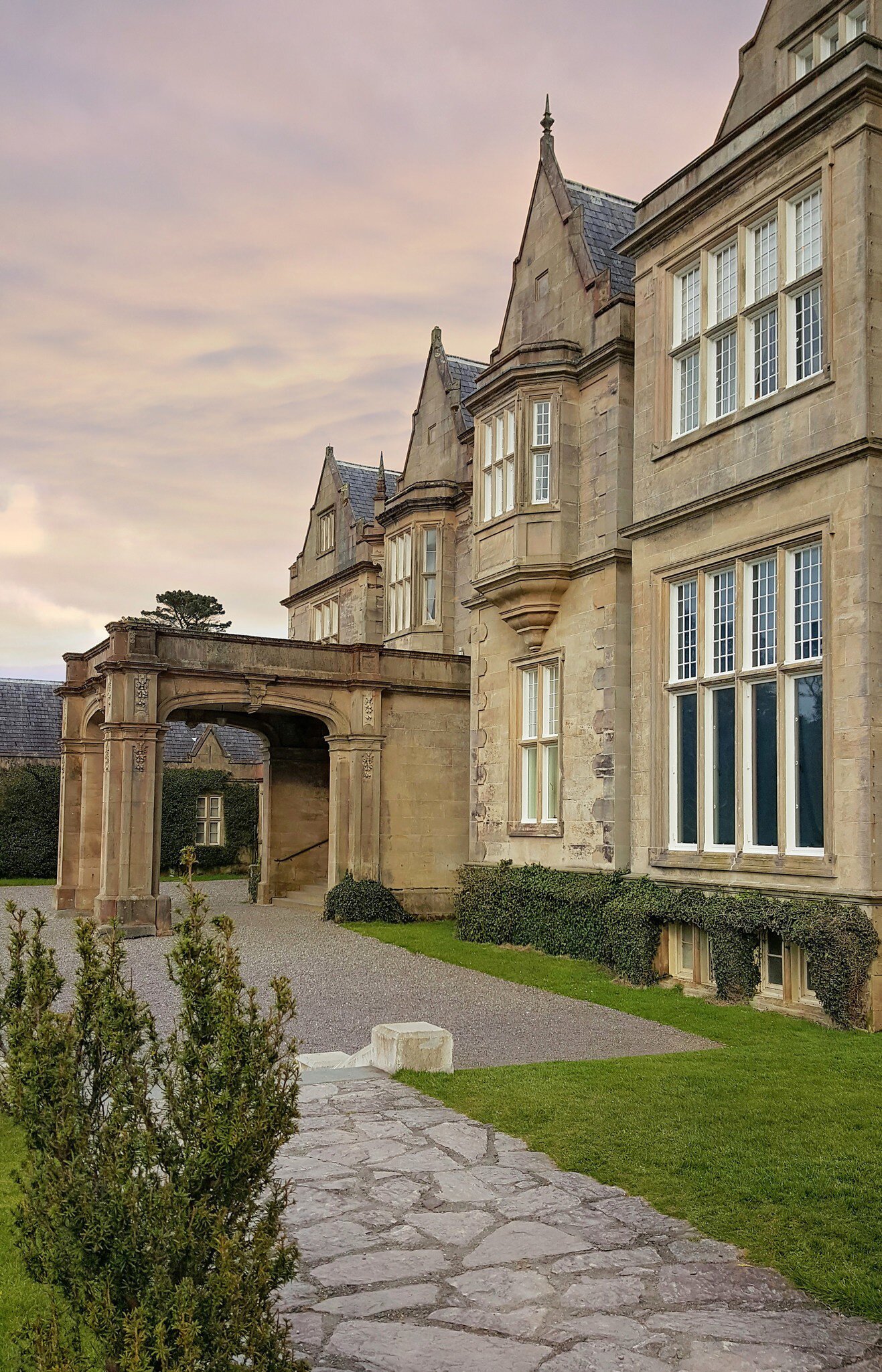 Exterior of Muckross House in County Kerry, Ireland. Sunset.