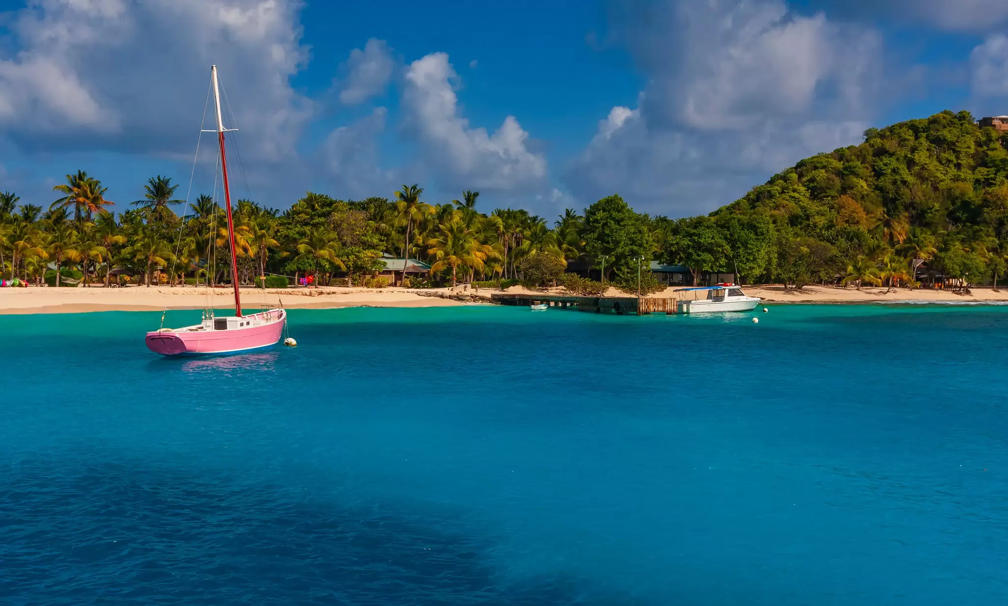 A pink boat is docked in blue water off a sandy beach.