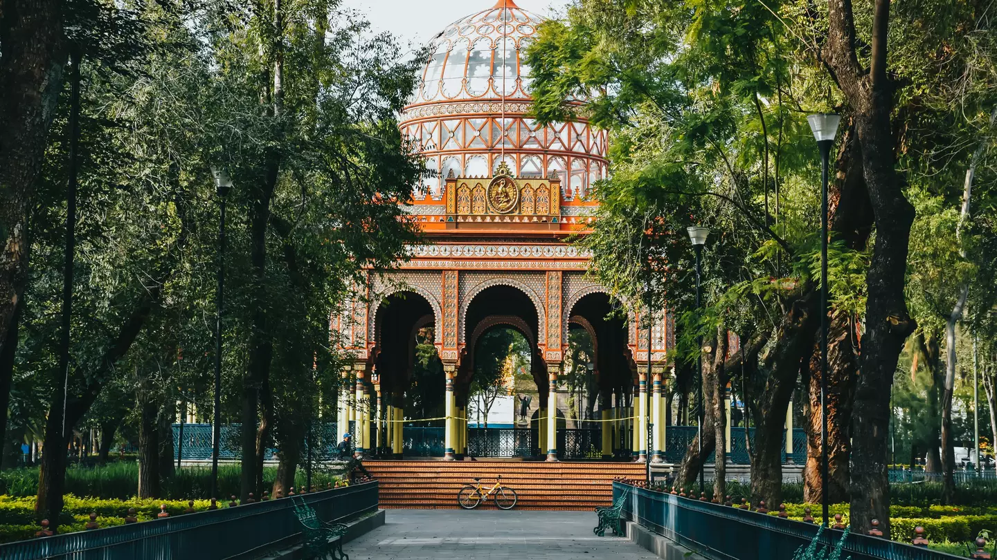 View of the Kiosco Morisco located in Alameda de Santa María la Ribera in Mexico City.