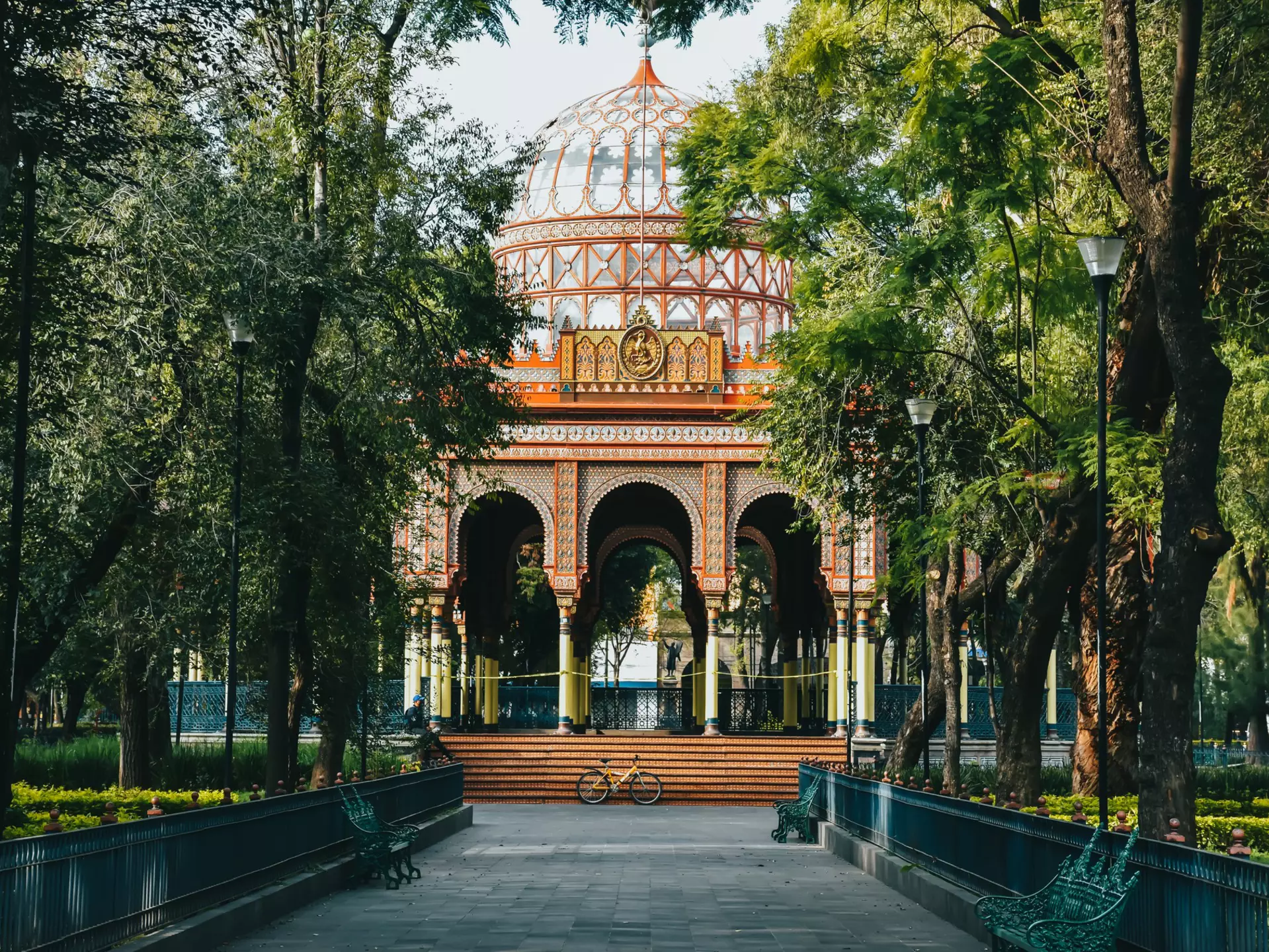 View of the Kiosco Morisco located in Alameda de Santa María la Ribera in Mexico City.