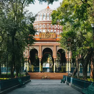 View of the Kiosco Morisco located in Alameda de Santa María la Ribera in Mexico City.