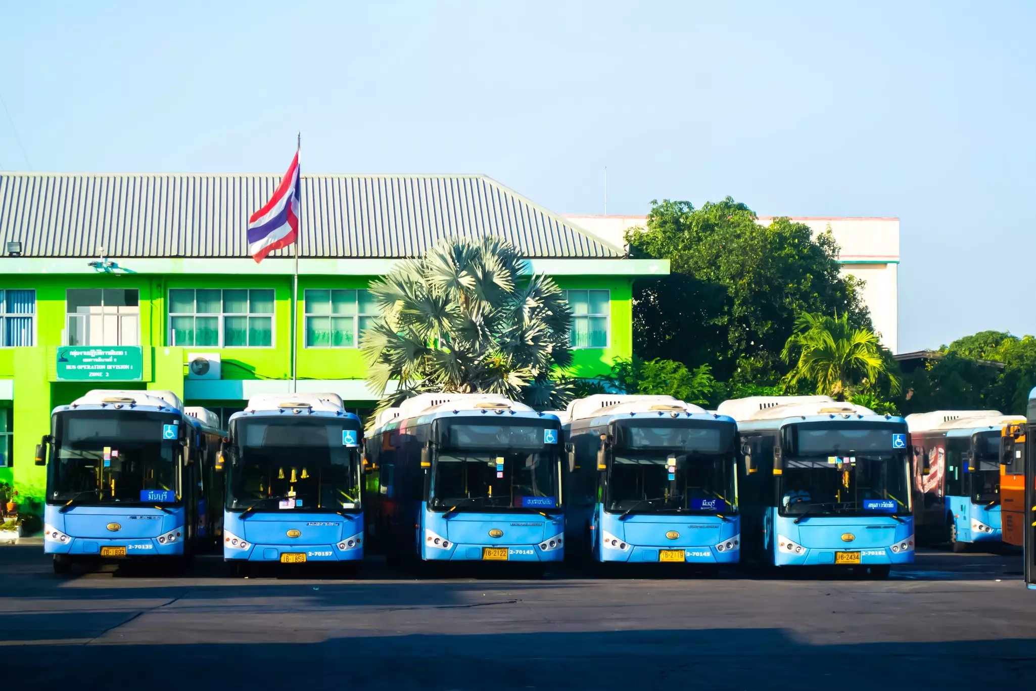 A row of blue buses lined up outside a green building with the red, white and blue striped Thai flag flying in front of it