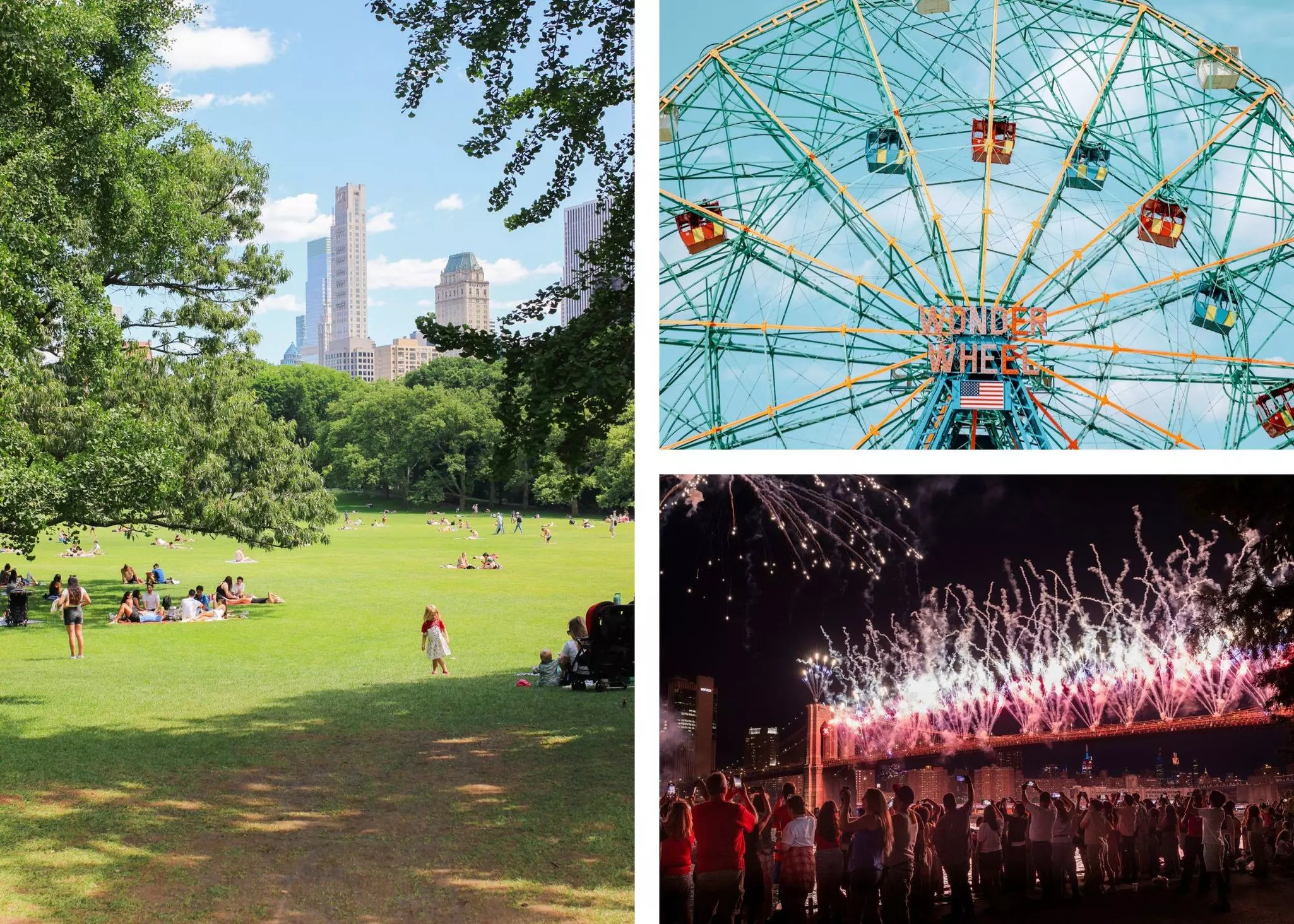 Collage for best July 4/America 250 celebrations in the US

Left: Sheep Meadow in Central Park. Ann Douglas Lott/Lonely Planet. Rop right: The Wonder Wheel at Coney Island. Bottom Right: Fourth of July fireworks over the East River. Aashish  Kiphayet/Shutterstock