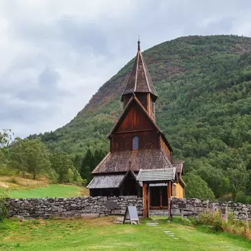 12th century wooden Romanesque Urnes Stave Church (Urnes stavkyrkje), listed as UNESCO World Heritage Site and one of the oldest stave churches in Norway. Ornes, Luster, Sogn og Fjordane county; Shutterstock ID 1290357376;