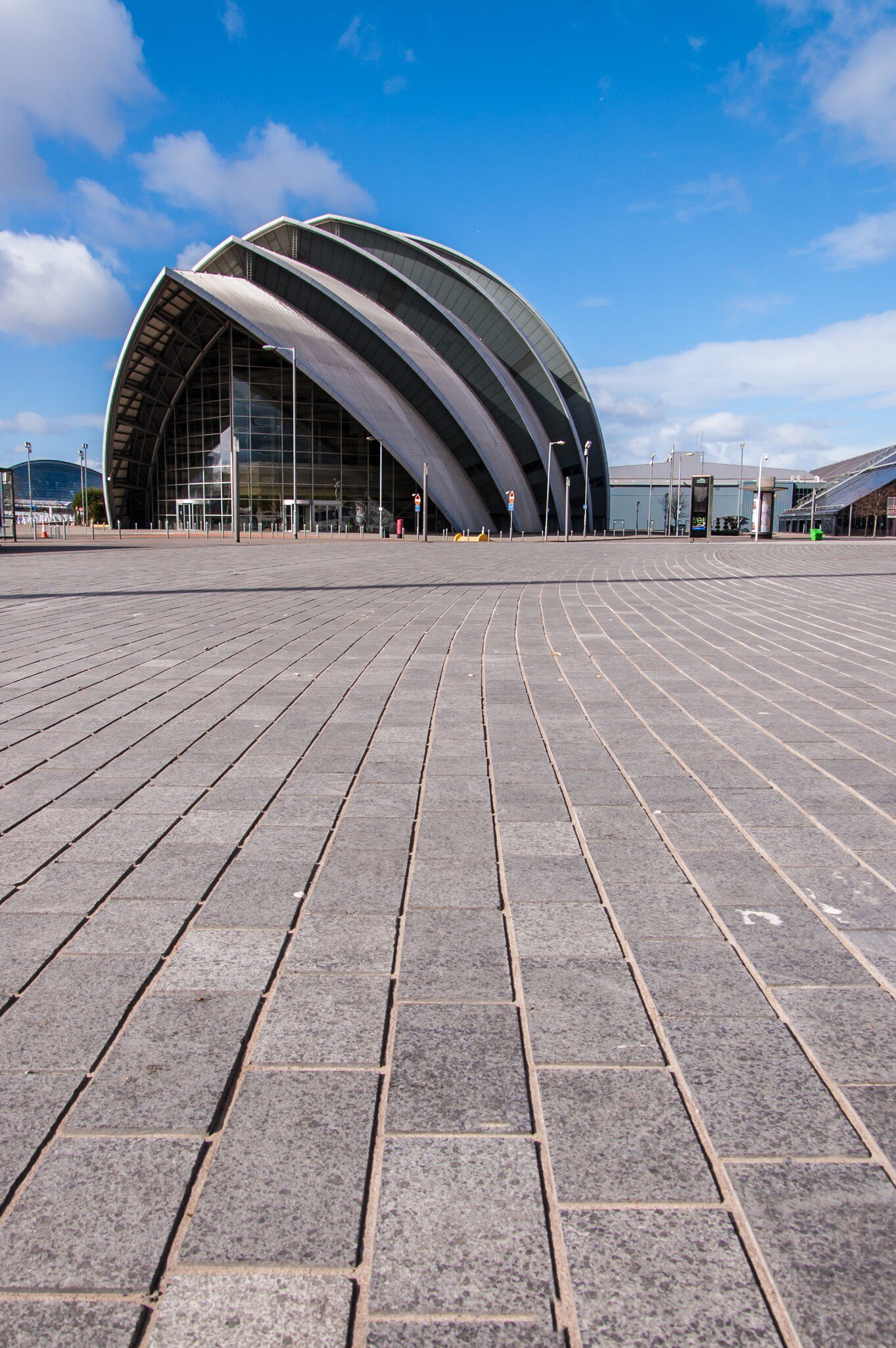 Surface-level shot of the SECC exhibition center in Glasgow.