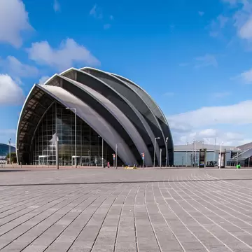 Surface-level shot of the SECC exhibition center in Glasgow.
