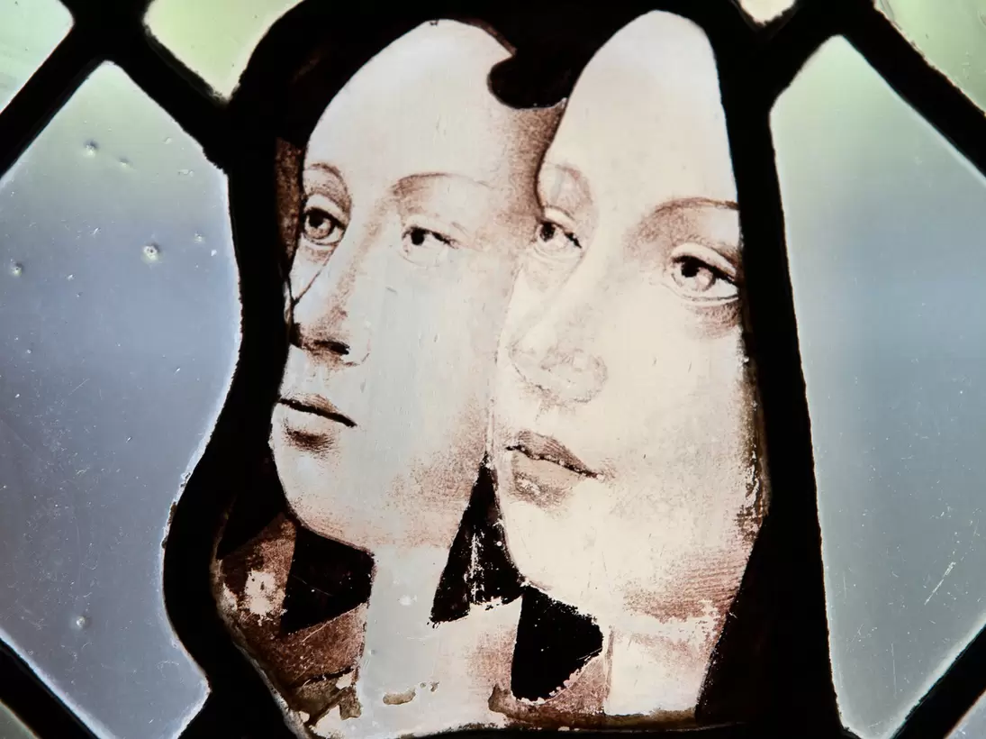 Detail of stained glass window in Cloitre de La Psalette, Cathedral of  Saint Gatien, in Tours, France.