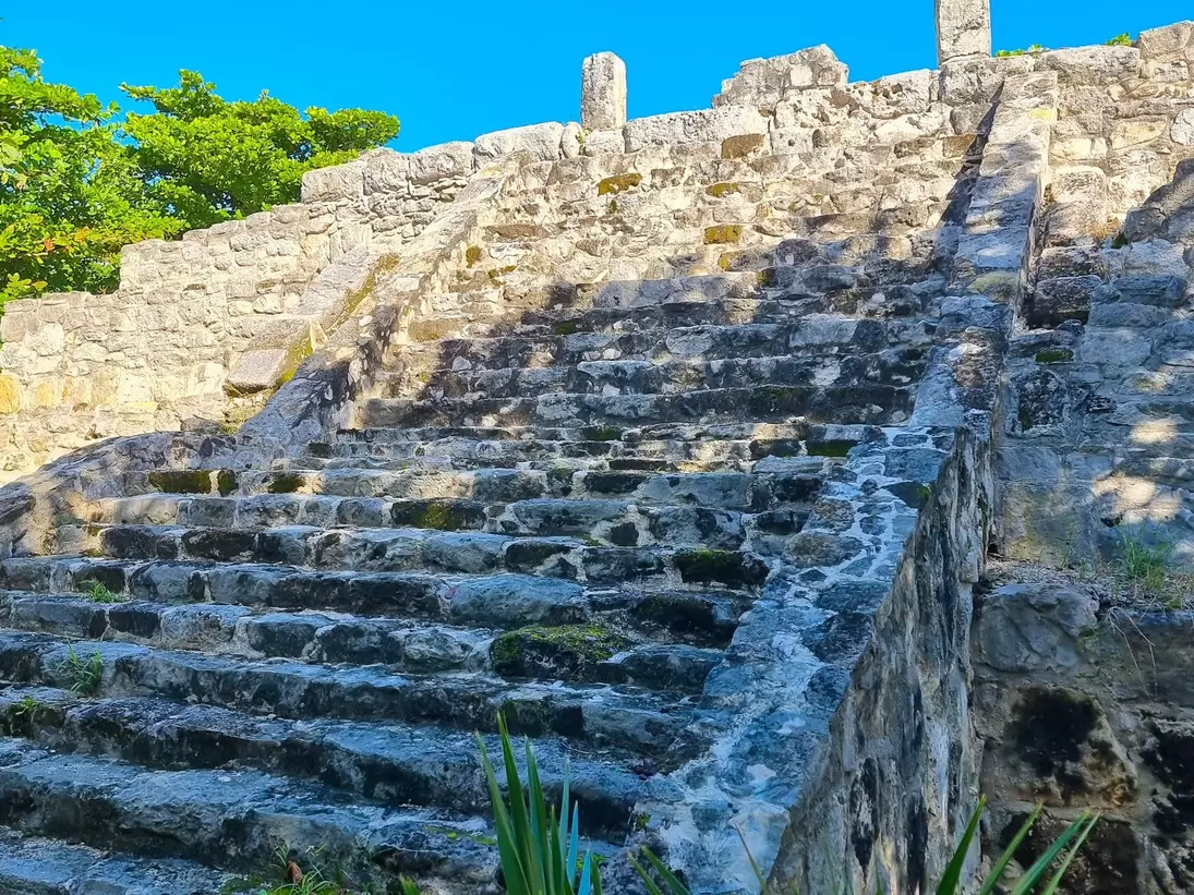 View of steps leading up to the Mayan Temple at the San Miguelito archaeological site in Cancún, Mexico.