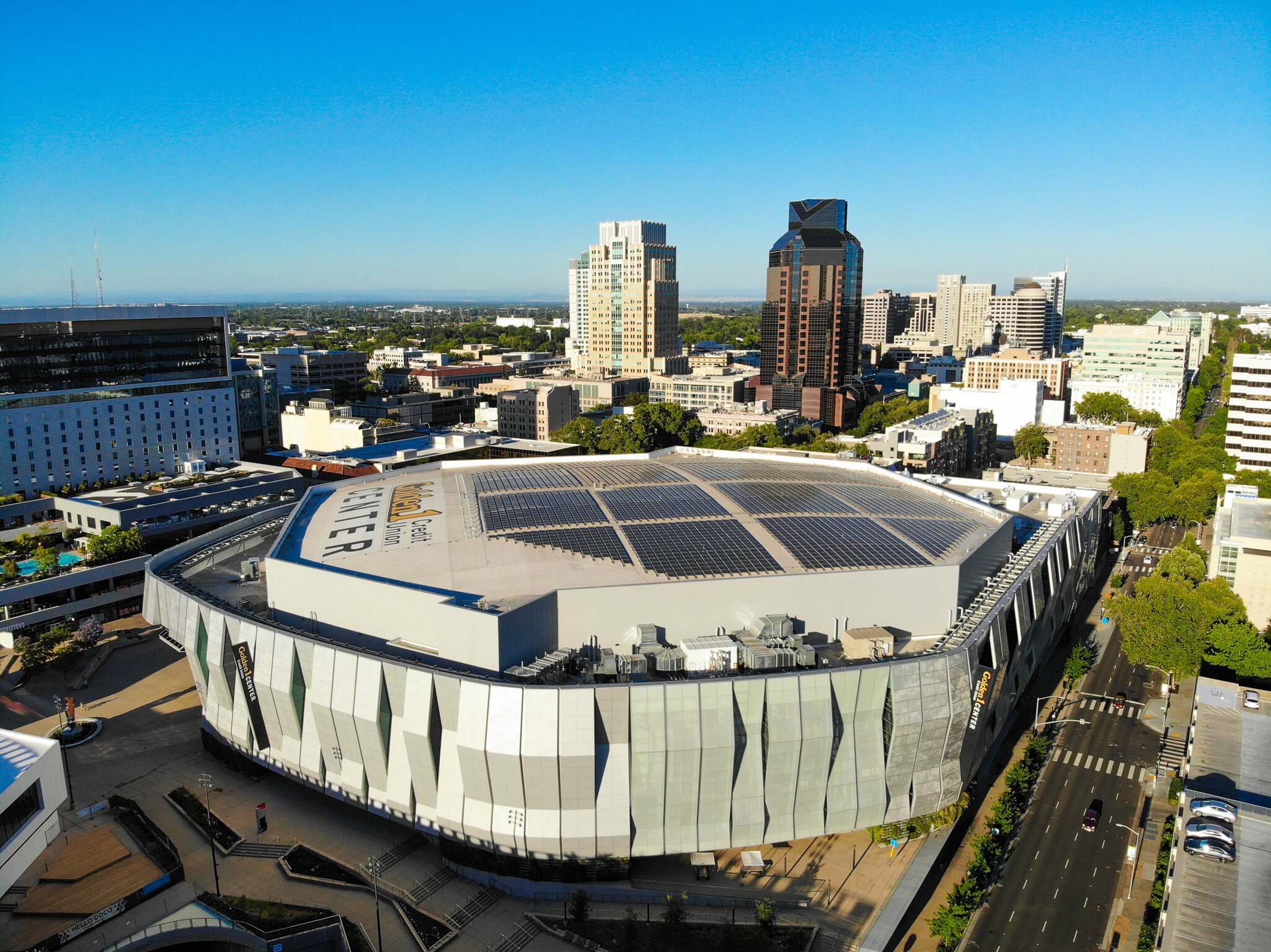 Sacramento California, USA - May 23, 2020: Downtown aerial view of the Golden 1 Center, home of the Sacramento Kings basketball team.