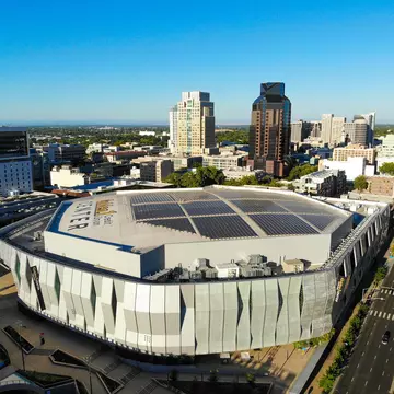 Sacramento California, USA - May 23, 2020: Downtown aerial view of the Golden 1 Center, home of the Sacramento Kings basketball team.