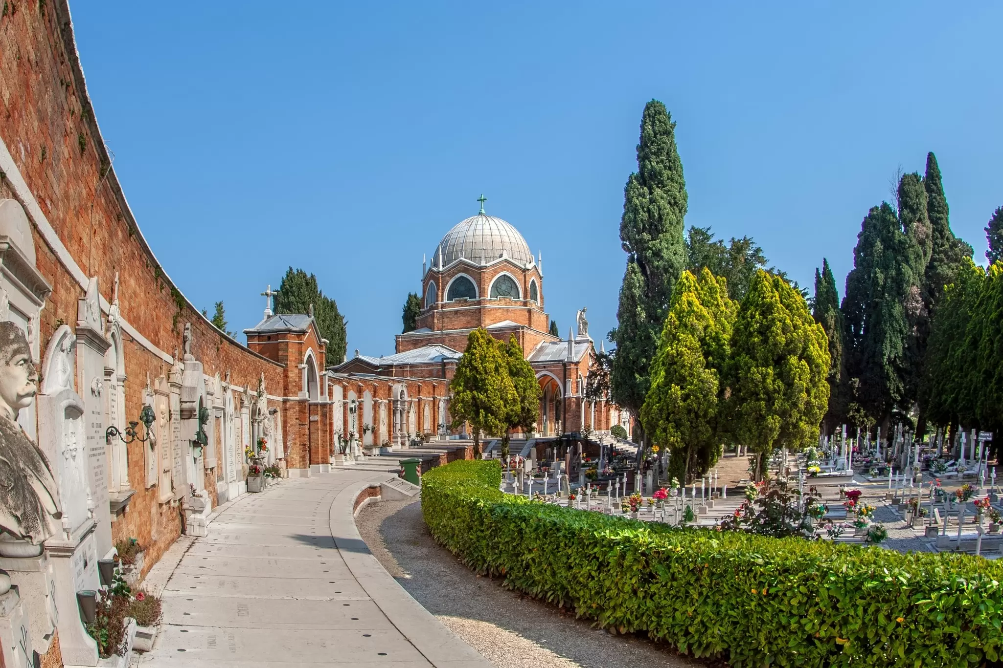 A view of the gravestones and chapel at the Cimitero di San Michele in Venice, Italy.