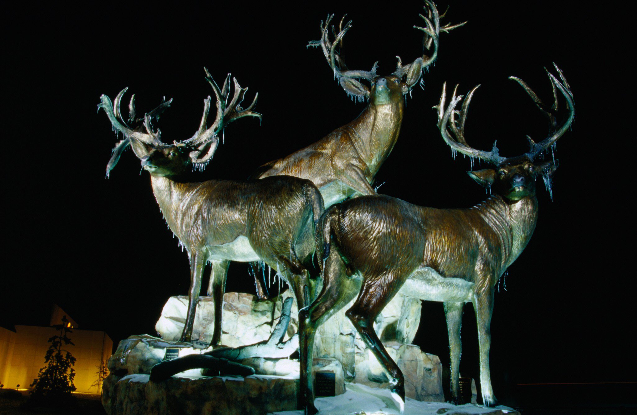 Sculpture of three giant mule deer bucks outside Cabela's Store, Village West area.