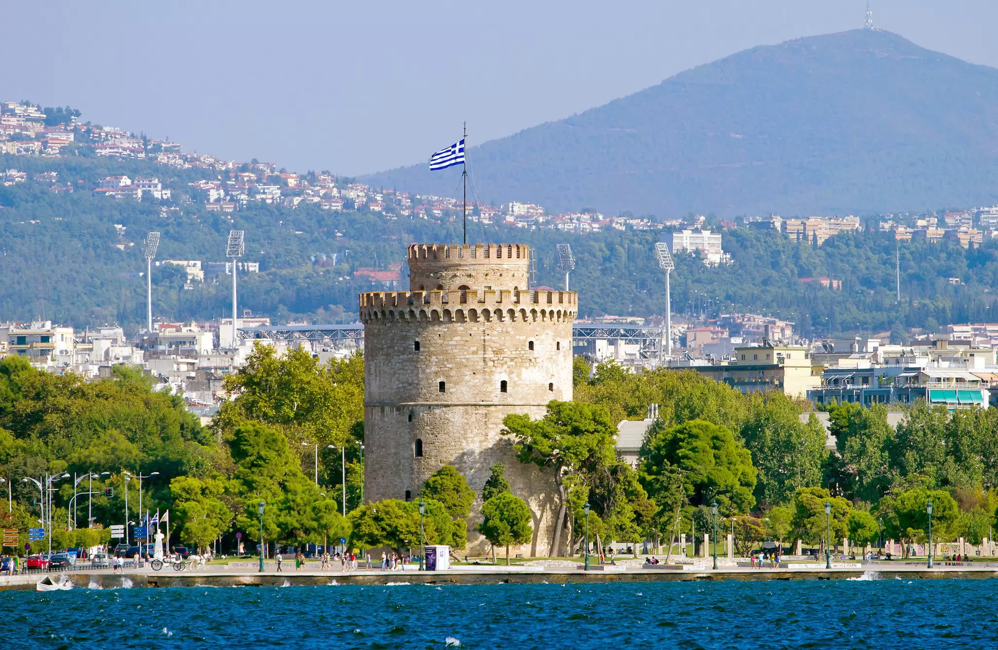 View of the White Tower on a sunny day in Thessaloniki, Greece.