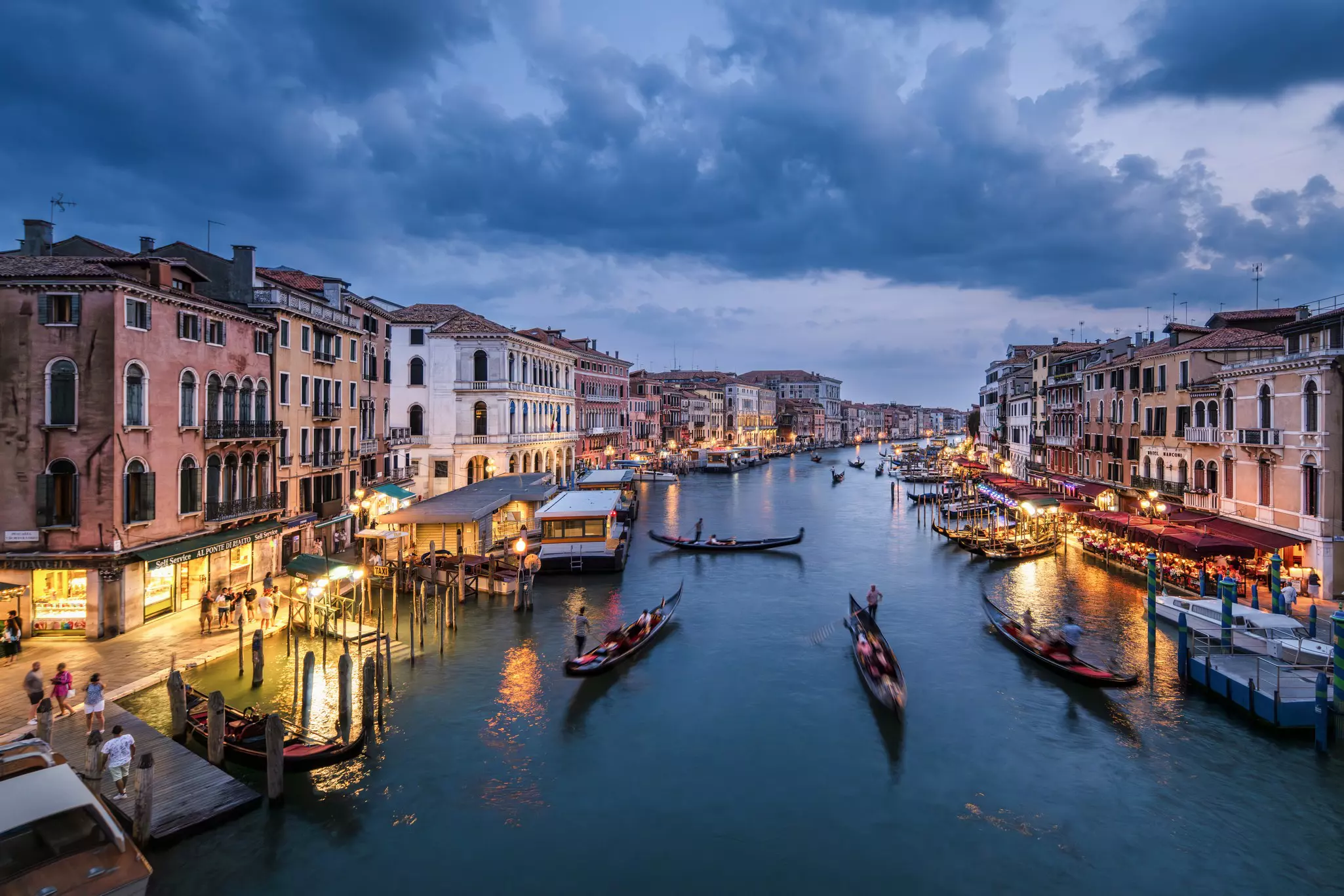 View over canal at night, Venice, Veneto