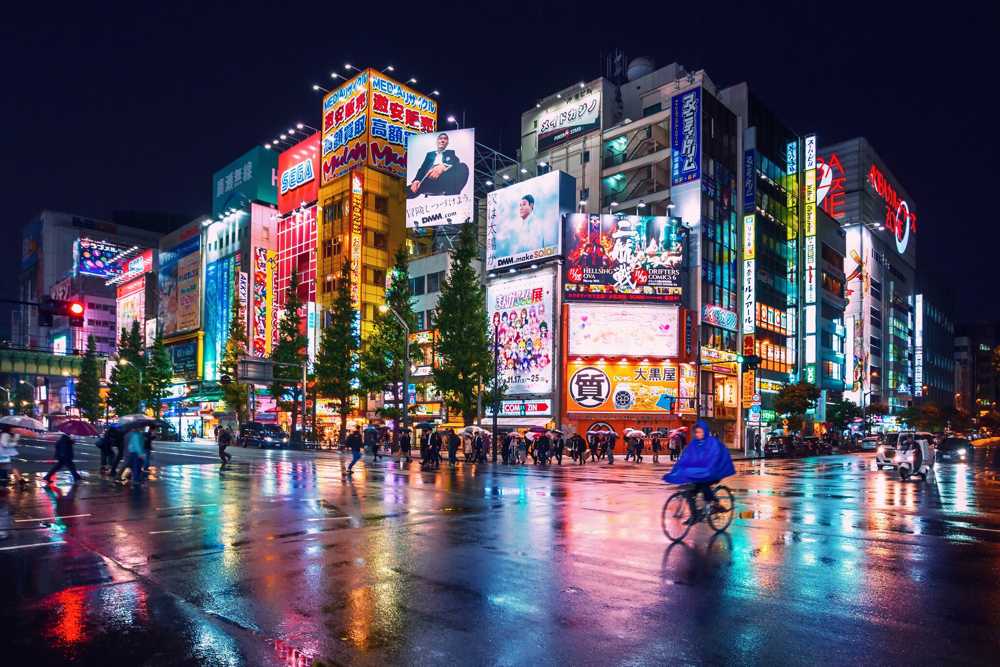 Neon lights and billboard advertisements on buildings in Akihabara, Japan.
