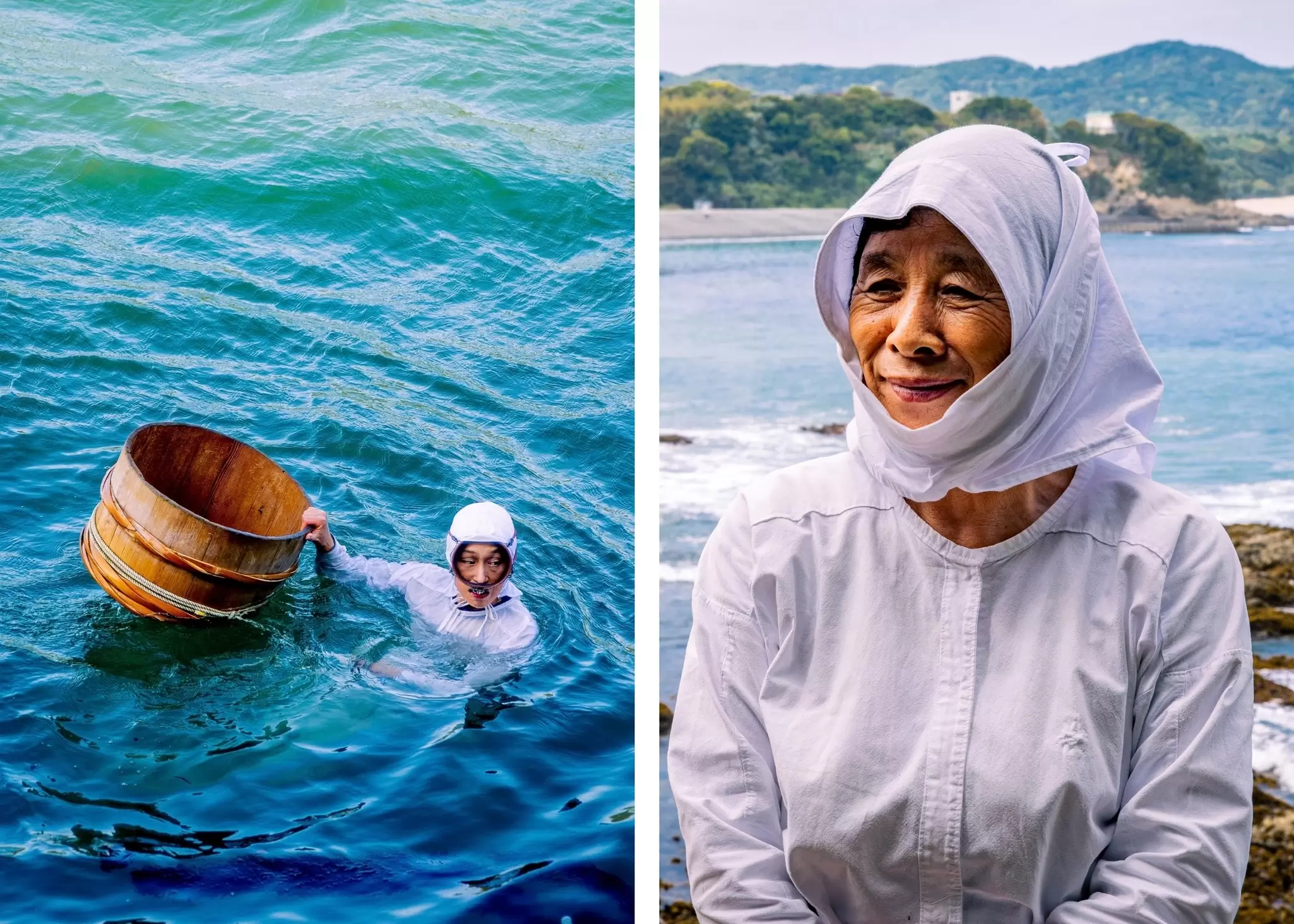 Left: a women in a white garment with a hood and googles swims in bright blue water beside a wooden bucket. Right: A woman in a white uniform on land, looking slighting off to the side and smiling.