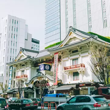 Street view of Kabukiza Theatre, Tokyo, Japan.