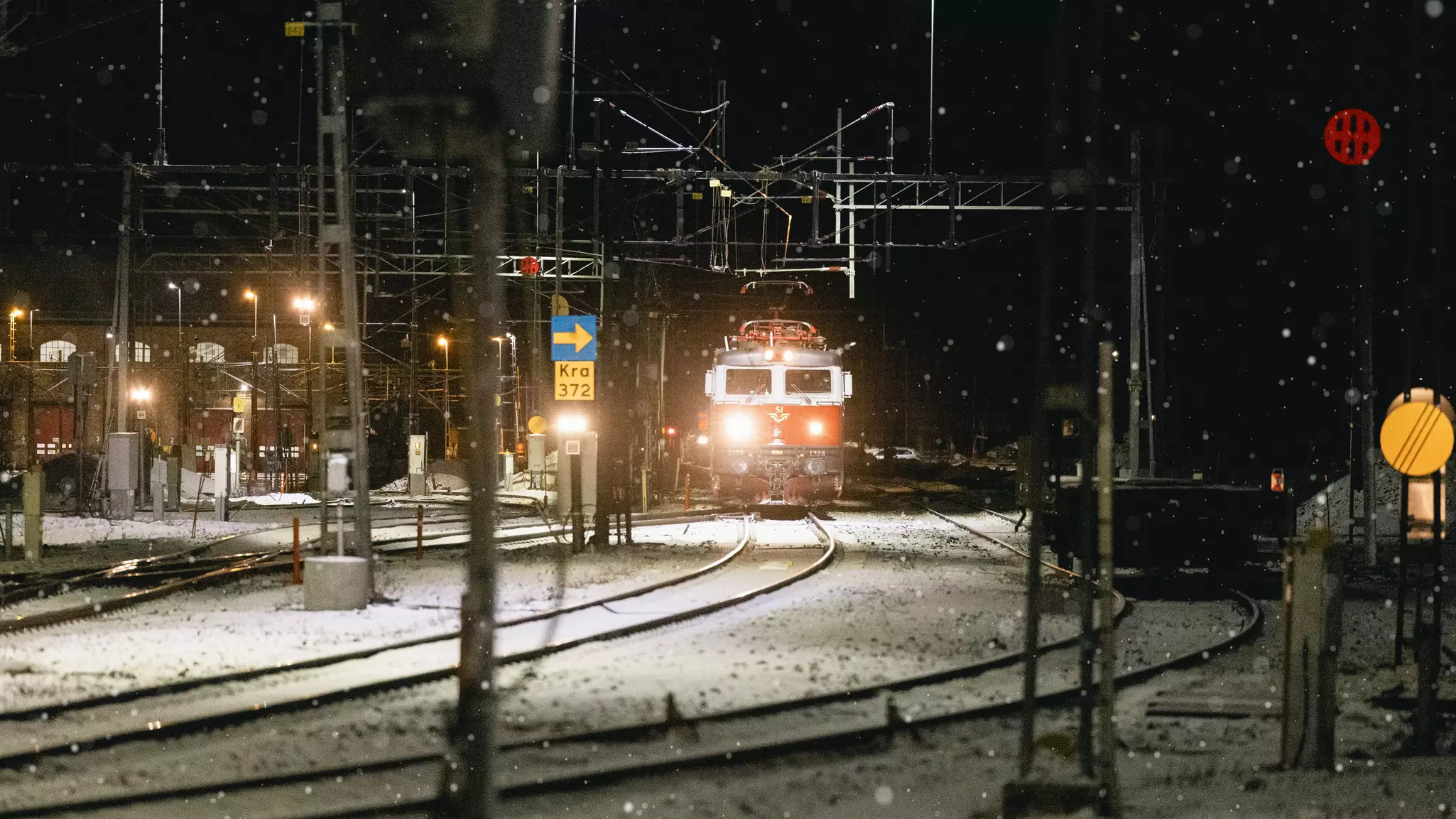 Night train arriving into Kiruna from Stockholm