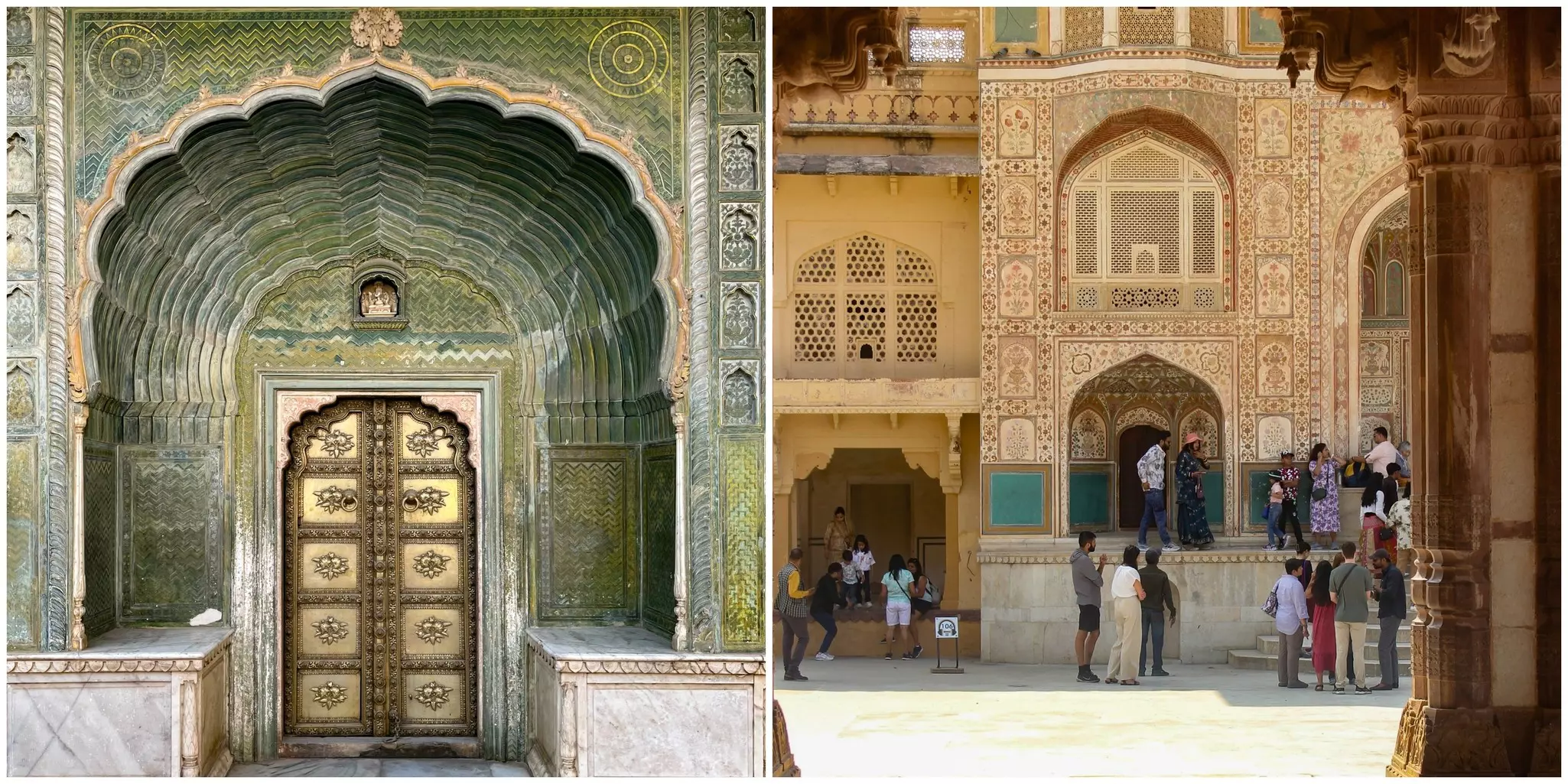 Left: The emerald-toned Lehariya Gate at City Palace; Right: Visitors gather at the gate to Amber Fort © Akanksha Singh