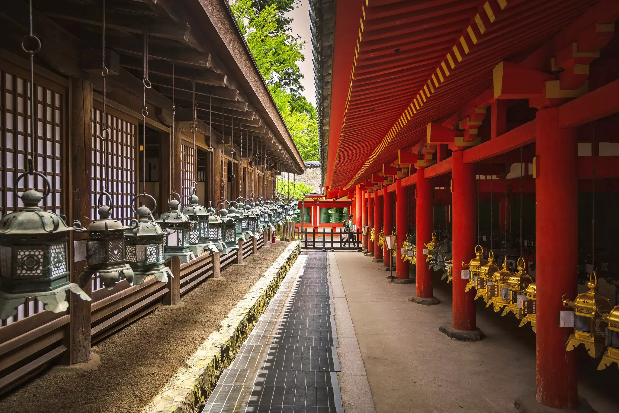 View of a pathway between two rows of shrine lanterns on the buildings of Kasuga Taisha in Nara, Japan.