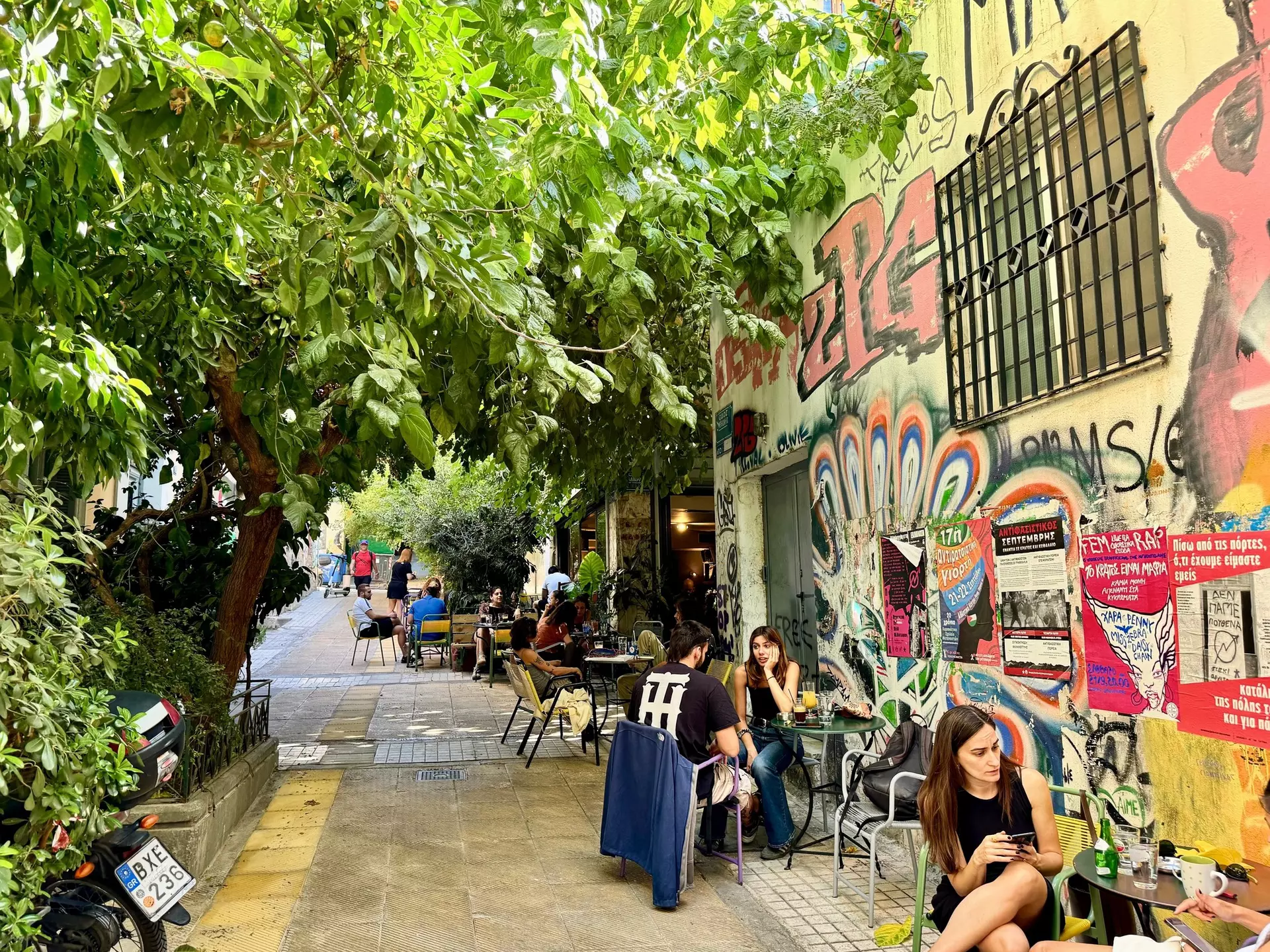 Young people sit at cafe tables in a narrow city street. Lush foliage provides a canopy, while a wall is covered in brightly colored graffiti.