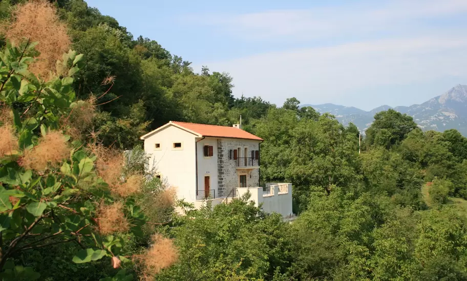 Hills near Virpazar, Montenegro: white and stone house with red tile roof in thick woodland, rocky peaks behind