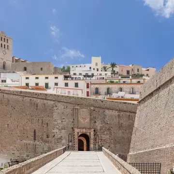 View of the entrance to the Castell d’Eivissa on the island of Ibiza, Spain.