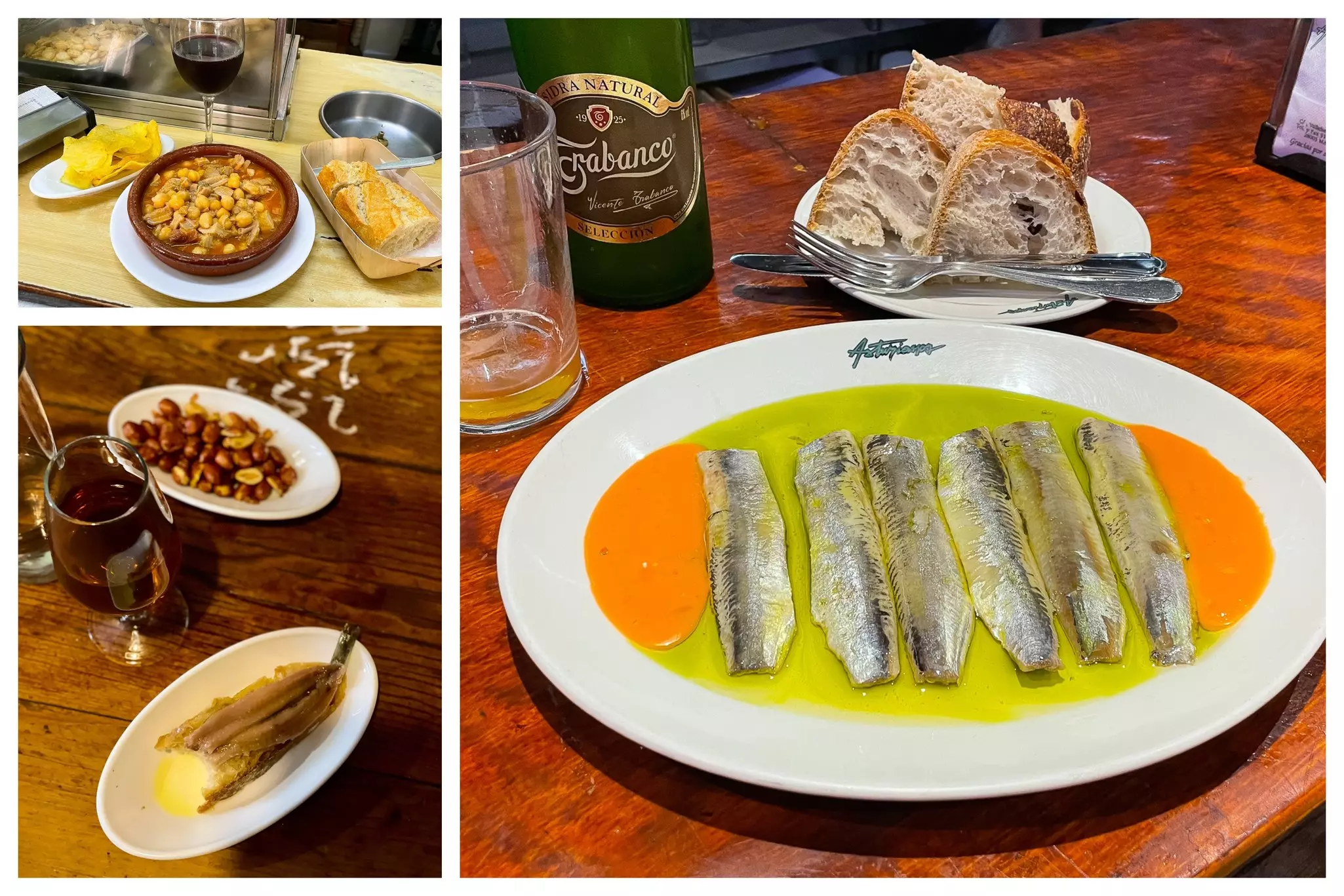 L-R tripe and red wine at Casa Camacho, olives and sherry at La Venencia, cured anchovies and cider at Los Asturianos © Austin Bush