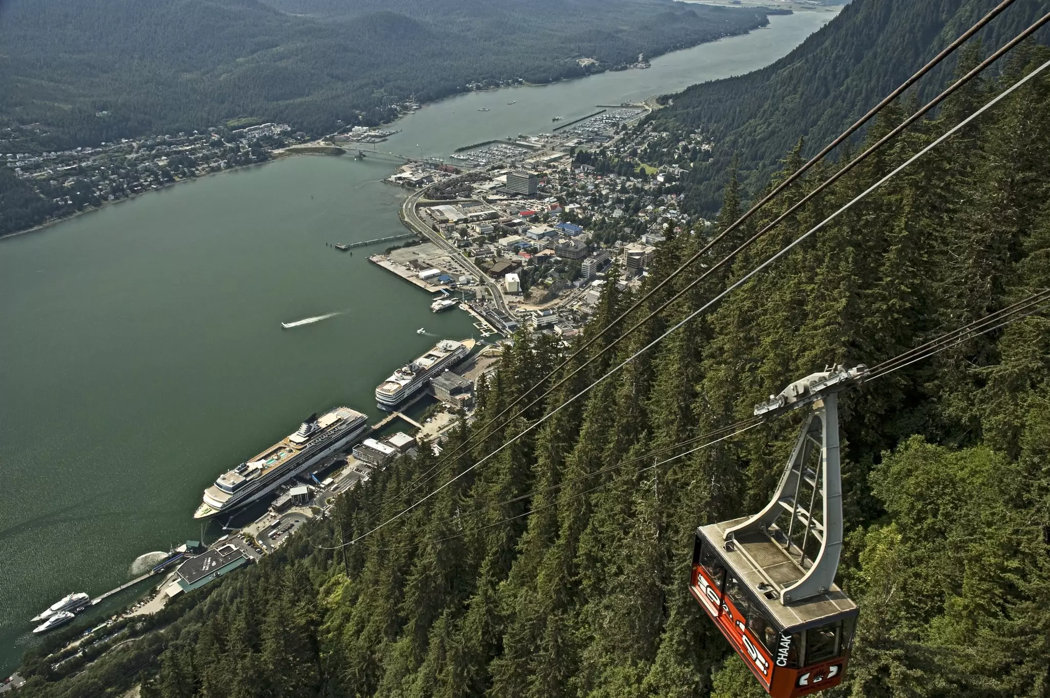 A suspended tram headed up a steep incline with trees in the background