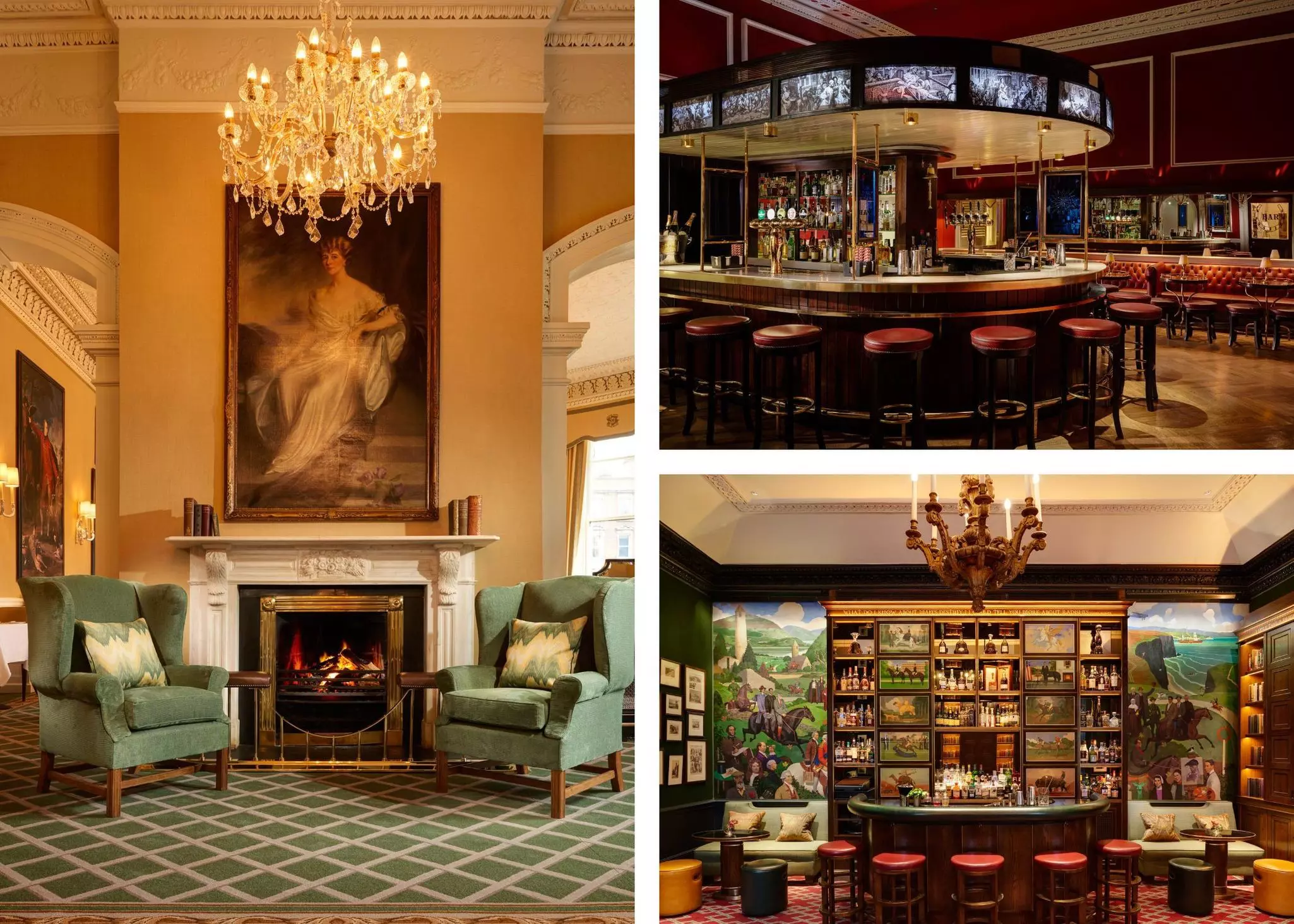 Left: Two cozy arm chairs beside a fireplace. Top right: A low-lit upscale Horseshoe-shaped Bar. Bottom right: An upscale bar with an equestrian mural on the wall behind and couches on either side