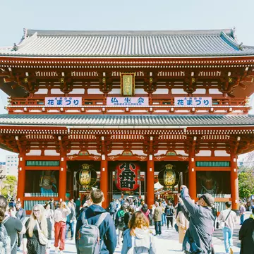 Crowds of people gathered at Asakusa, Sensoji Temple, Tokyo.