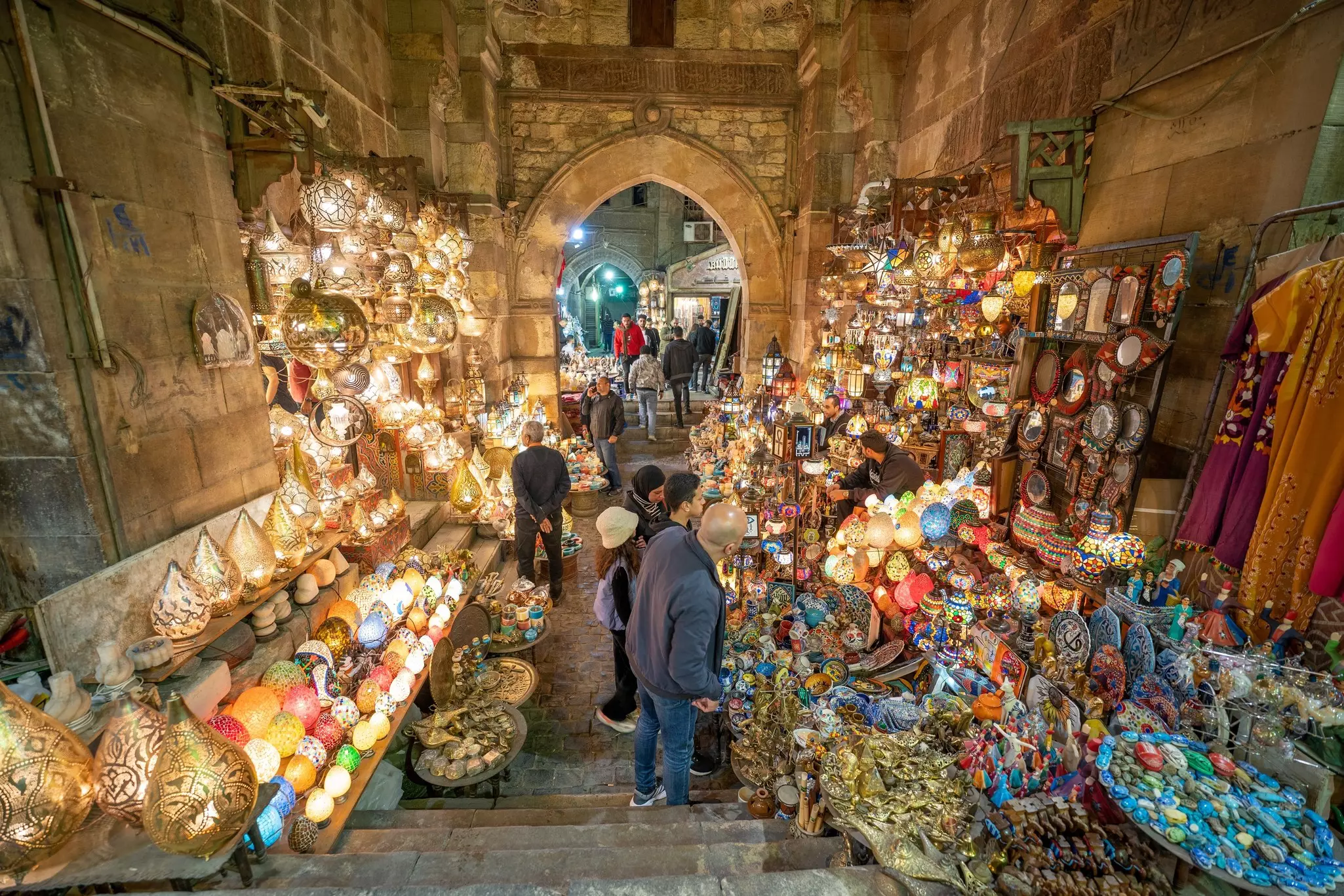 Khan El Khalili market in Cairo city with illuminated and colorful lamps