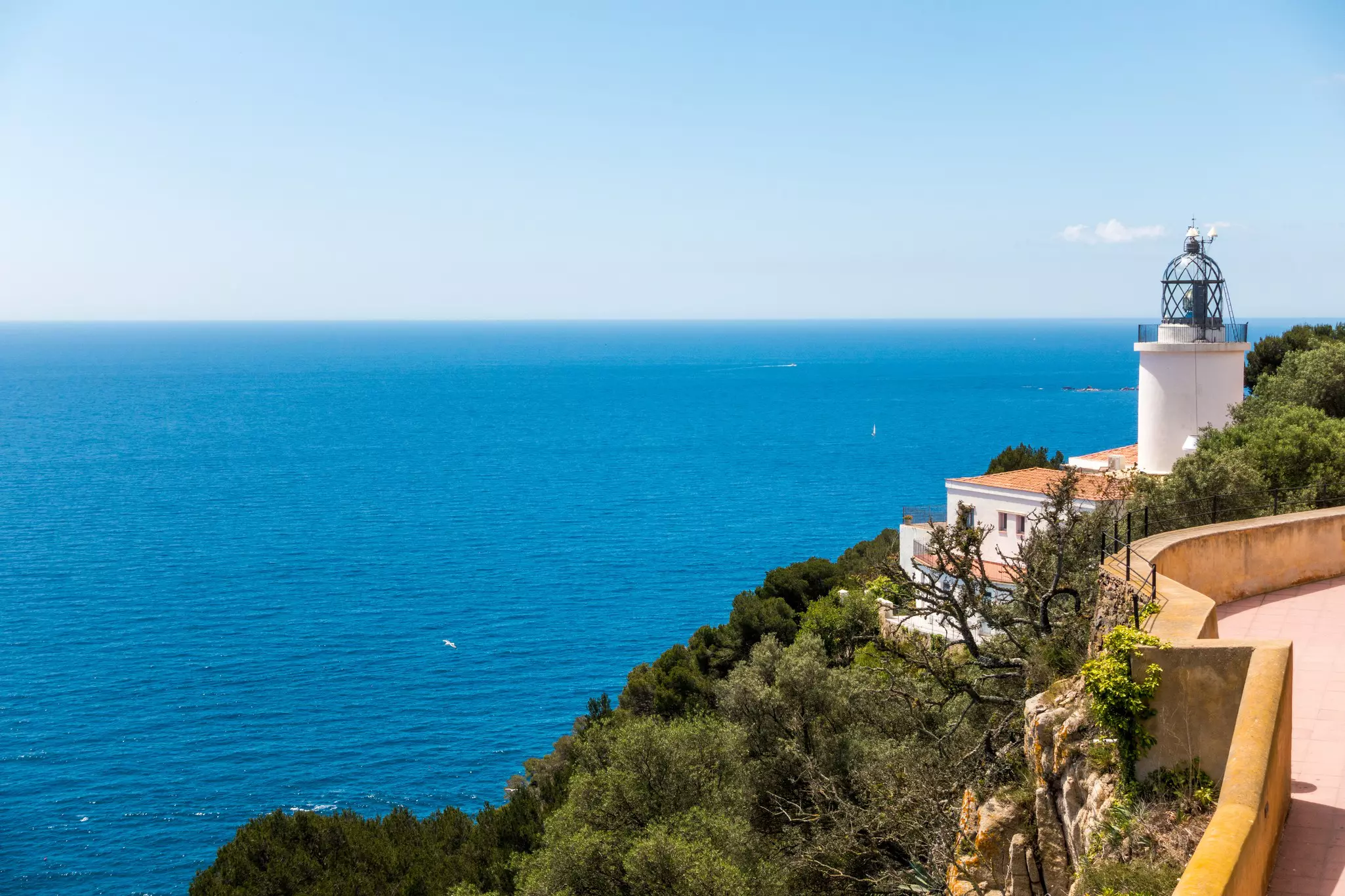A white lighthouse beside a cliff-top path surrounded by woodland.