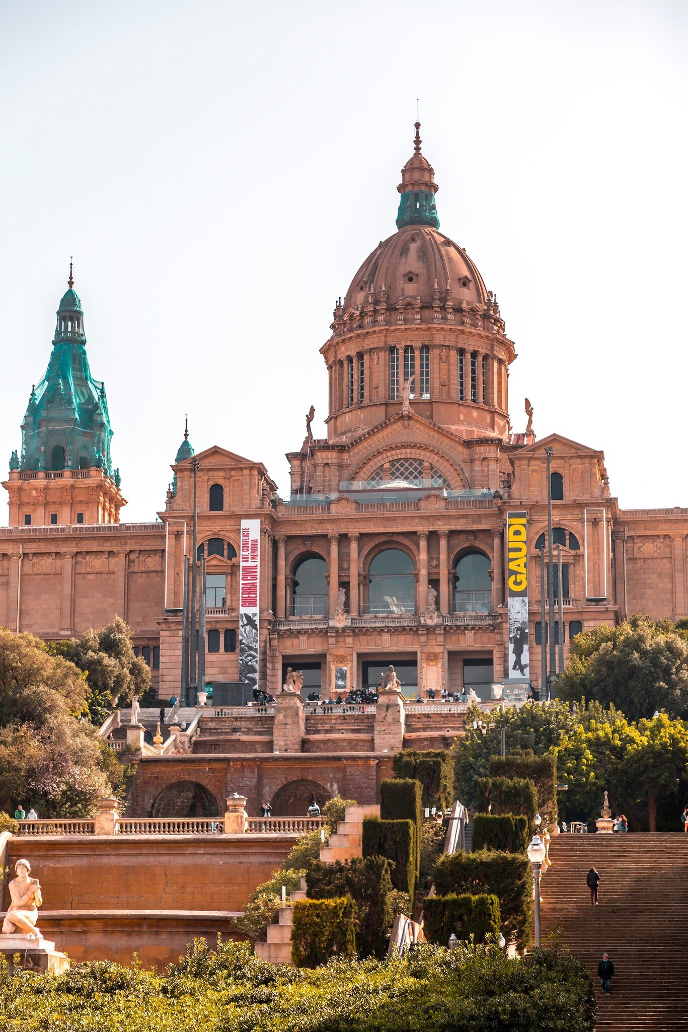 Stairs lead up to the domed structure of the Palau Nacional, on the hill of Montjuic in Barcelona.