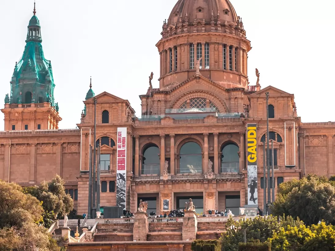 Stairs lead up to the domed structure of the Palau Nacional, on the hill of Montjuic in Barcelona.
