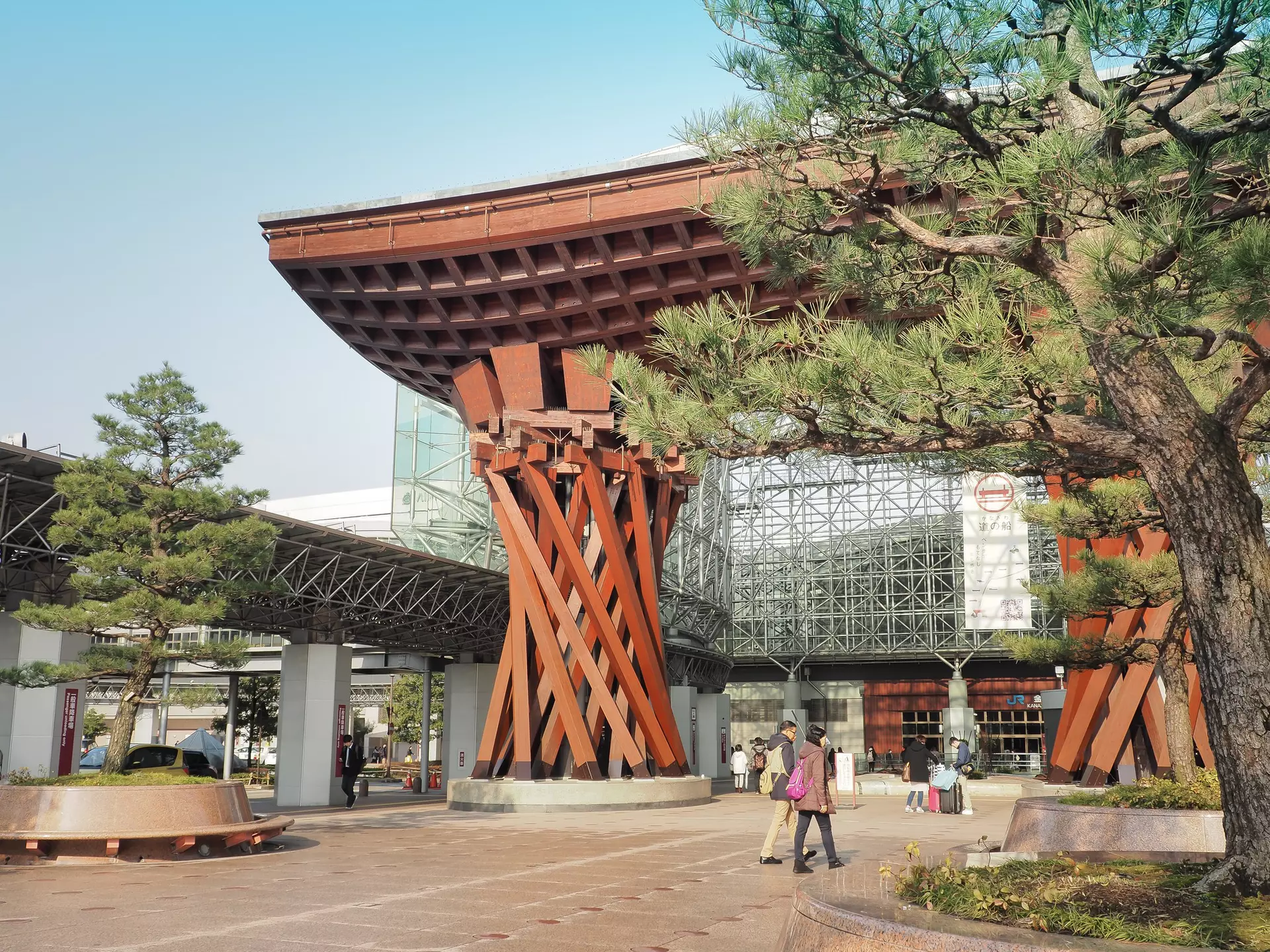 Modern architecture riffing on ancient themes at JR Kanazawa Station in Kanazawa. 