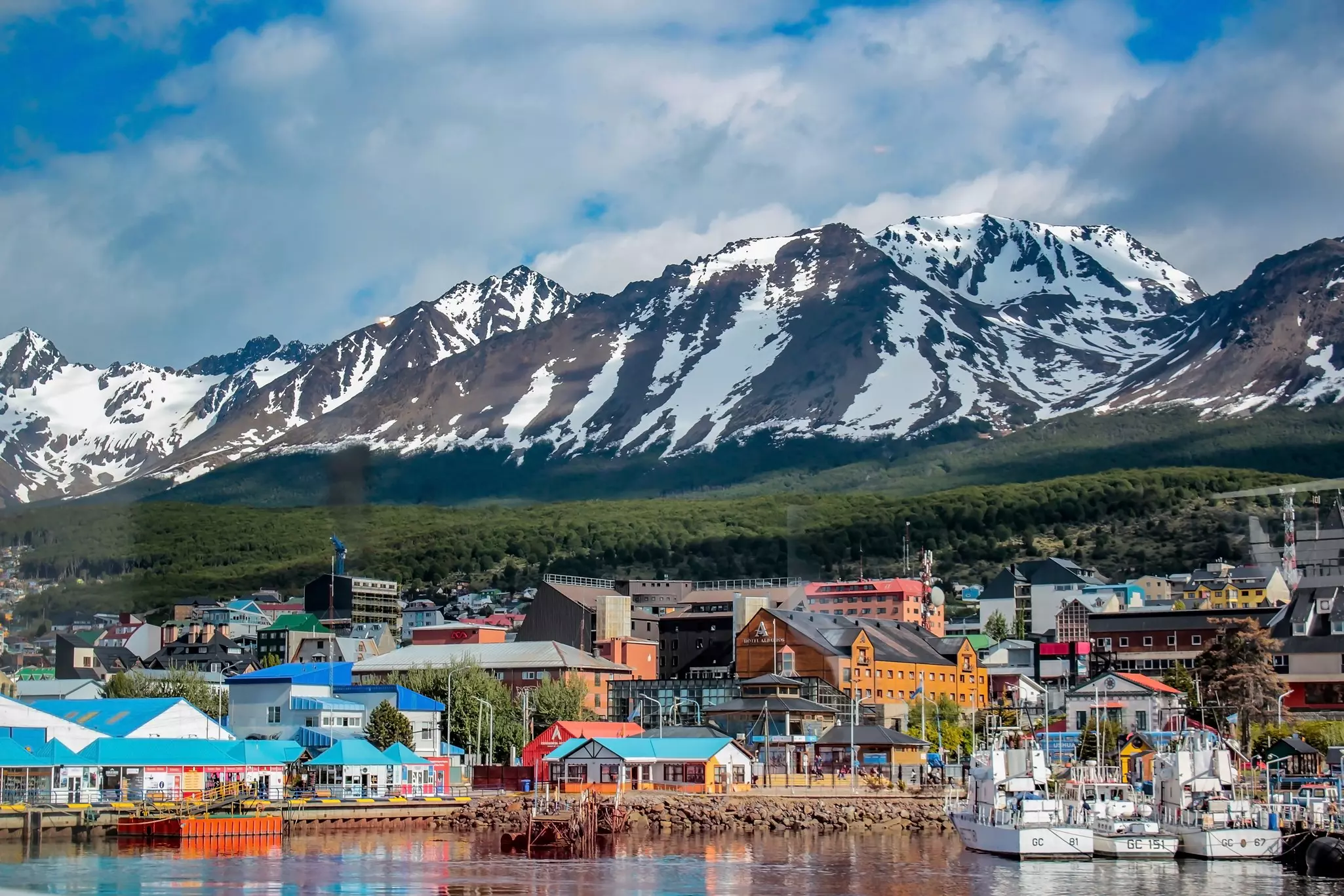Ushuaia view from the boat. Tierra del Fuego province in Argentina. Patagonia.