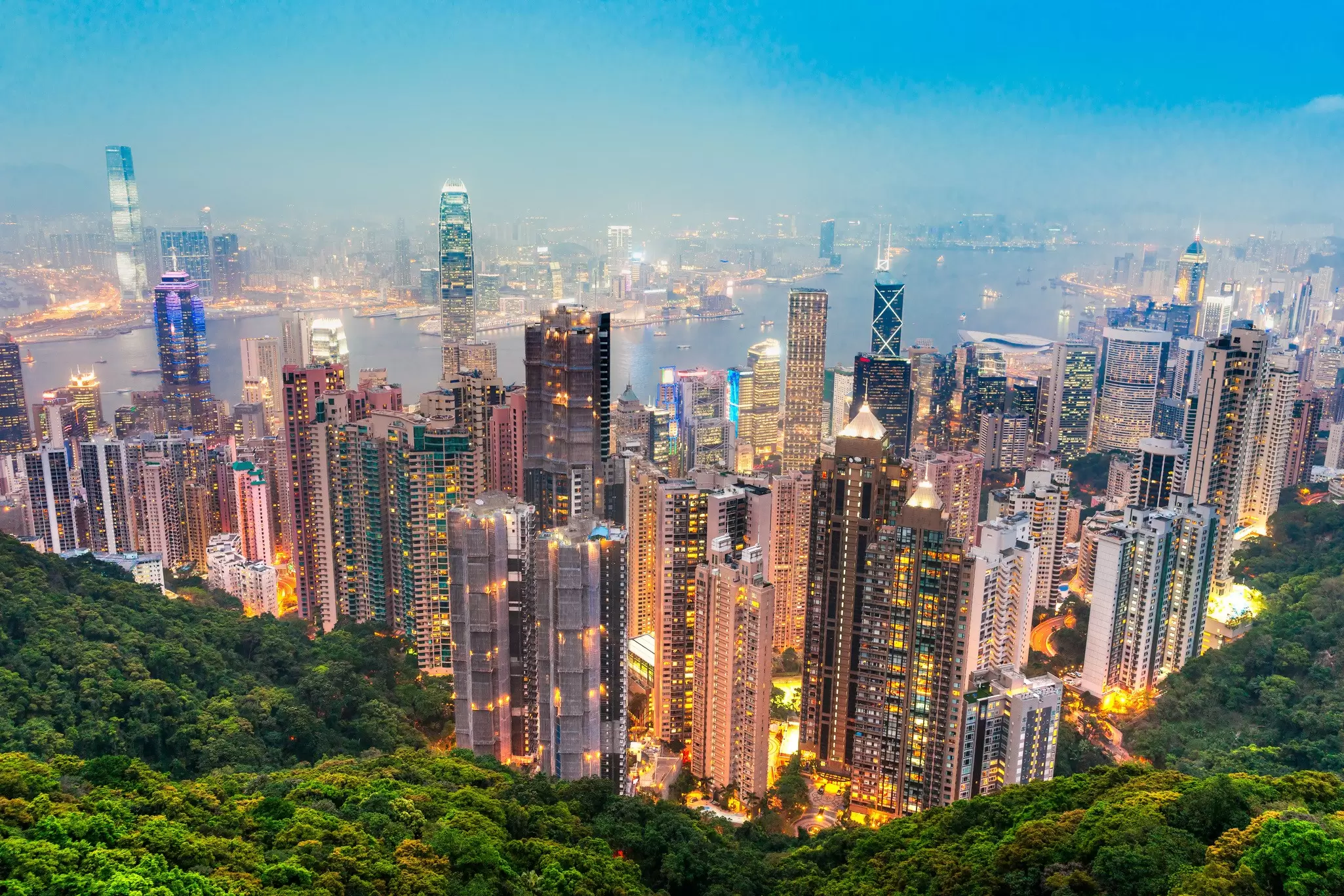 View of the illuminated Hong Kong skyline from Victoria Peak.